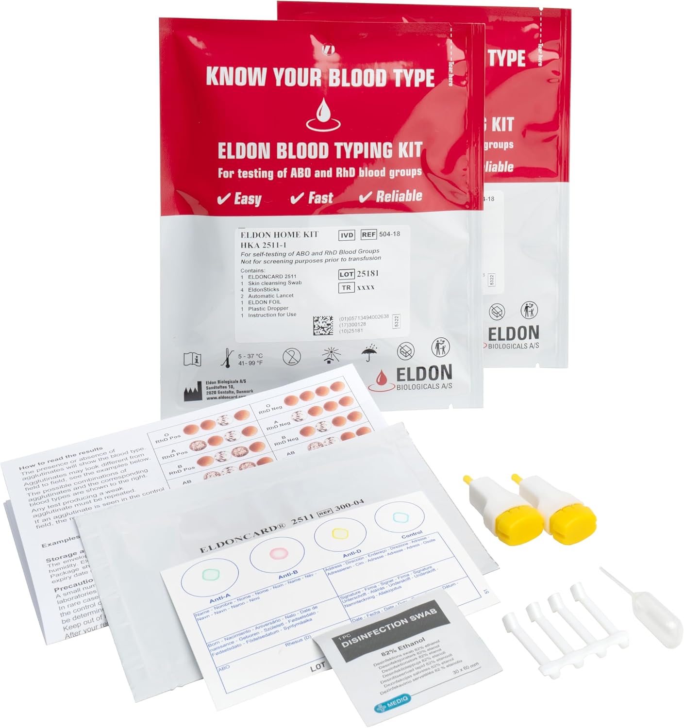 Eldoncard Blood Typing Kit, 2 Test Pack | Know Your Blood Type, Accurate Instant Home Testing, Determine A, O, B, RHS-D Negative & Positive Groups