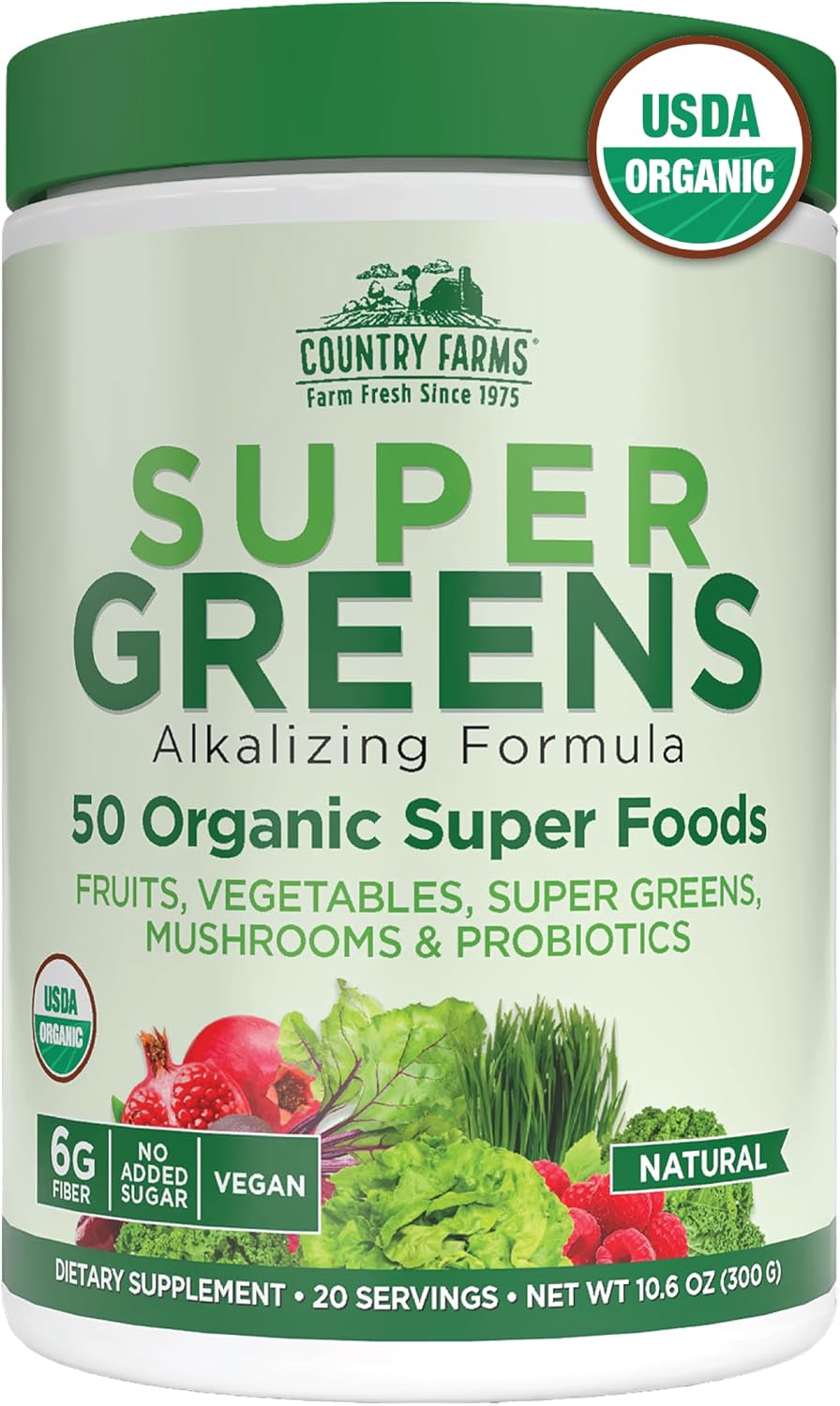 Country Farms Organic Super Greens Powder, Daily Greens Drink Mix with 50 Organic Superfoods, Fruits, Vegetables, Fiber, Mushrooms & Probiotics for Gut Health, Digestion & Energy, Berry Flavor