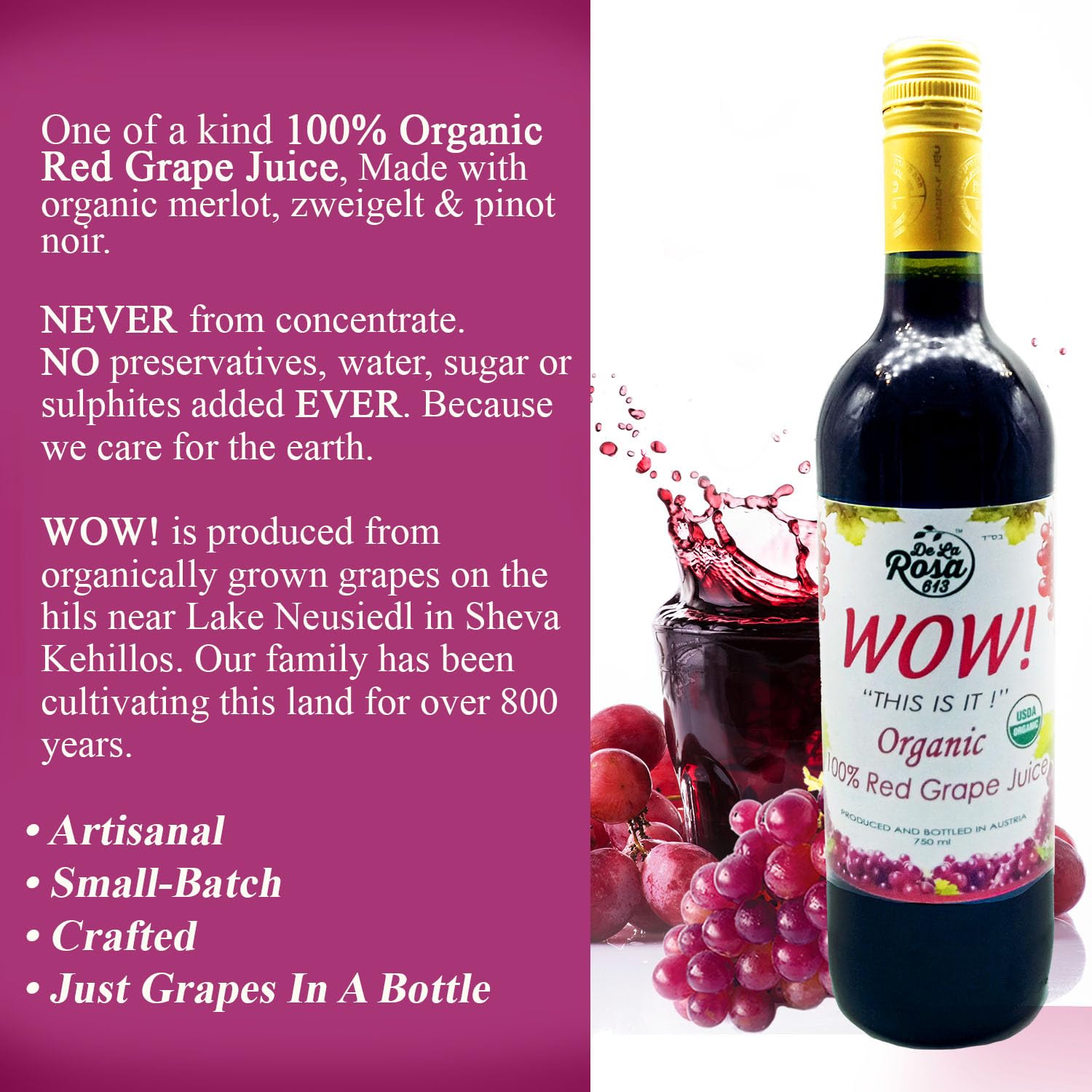 De La Rosa Organic Austrian Kosher Red Grape Juice (25.4 oz - 2pack)