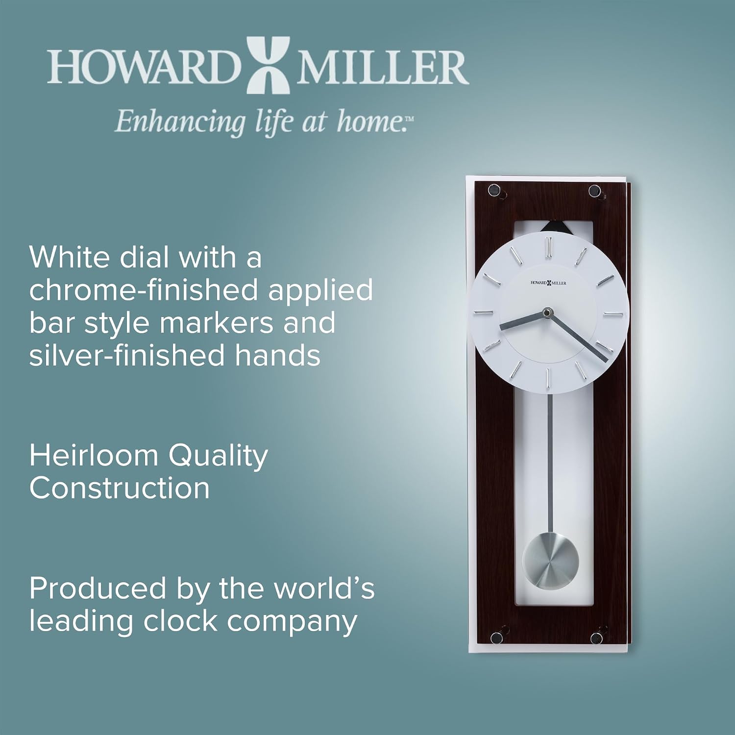 Howard Miller Emmett II Wall Clock – Espresso Finish, Silver Pendulum, Chrome Accents, Quartz Movement, Modern Pendulum Wall Clock