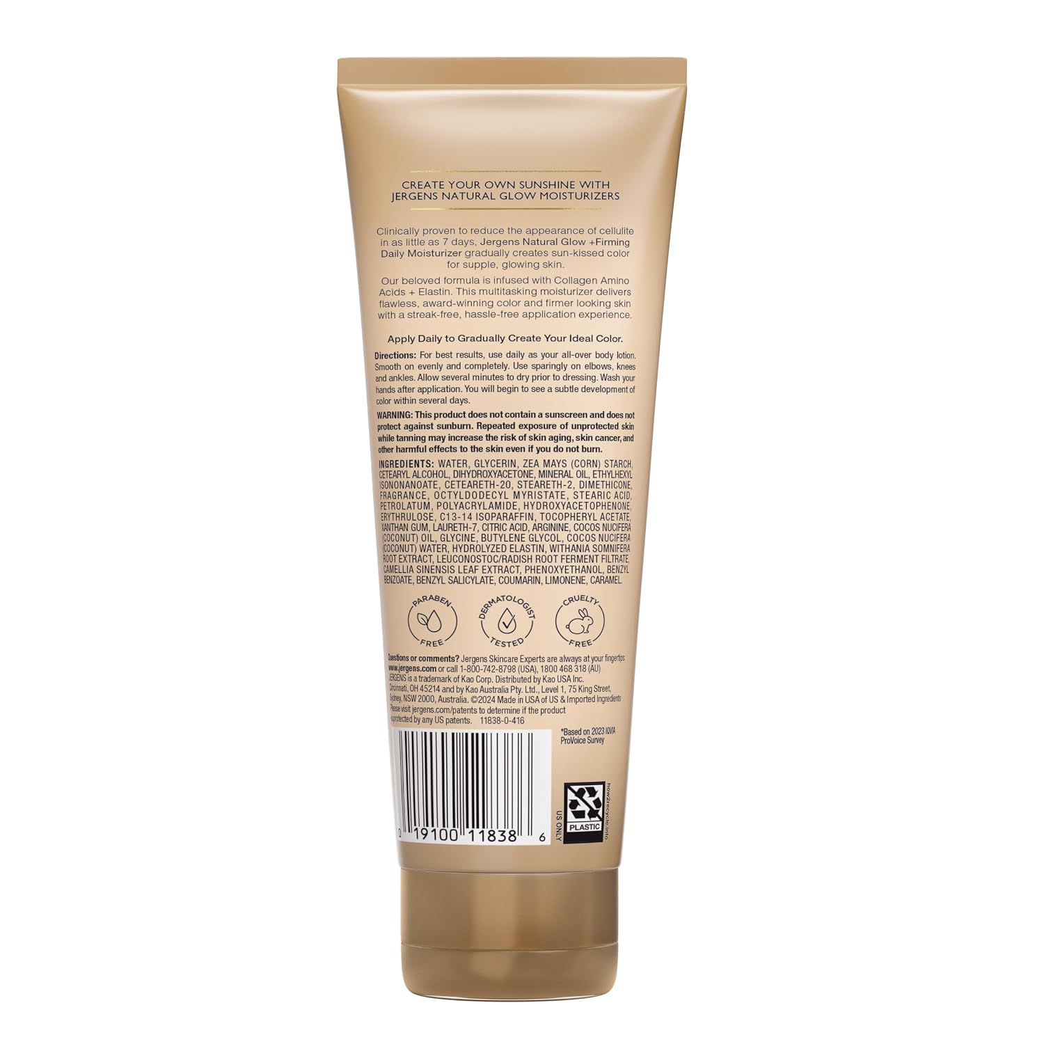 Jergens Natural Glow +Firming Self Tanner Body Lotion, Fair to Medium Skin Tone, Sunless Tanning Moisturizer with Collagen and Elastin. Helps to Visibly Reduce Cellulite, 7.5 Fl Oz | Sunless Tanning Moisturizer, Collagen and Elastin Formula, Reduces Cell…