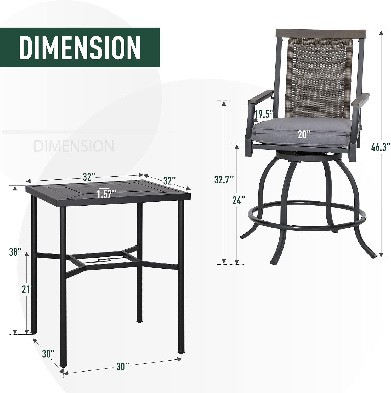 PHI VILLA Outdoor Bar Set 3 PCS Patio Bistro Table & Swivel Stools