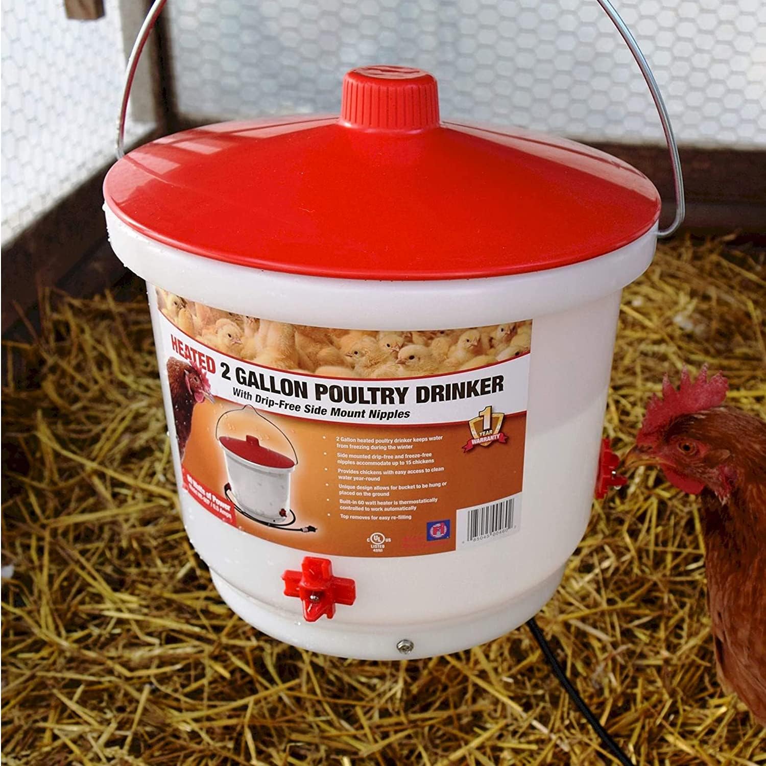 Farm Innovators HB-60P Thermostatically Controlled Heated 2 Gallon Plastic Outdoor Year Round Poultry Chicken Water Bucket Drinker, White/Red | Thermostatically controlled to keep water from freezing, side mounted drip-free/freeze-free nipples for up to…