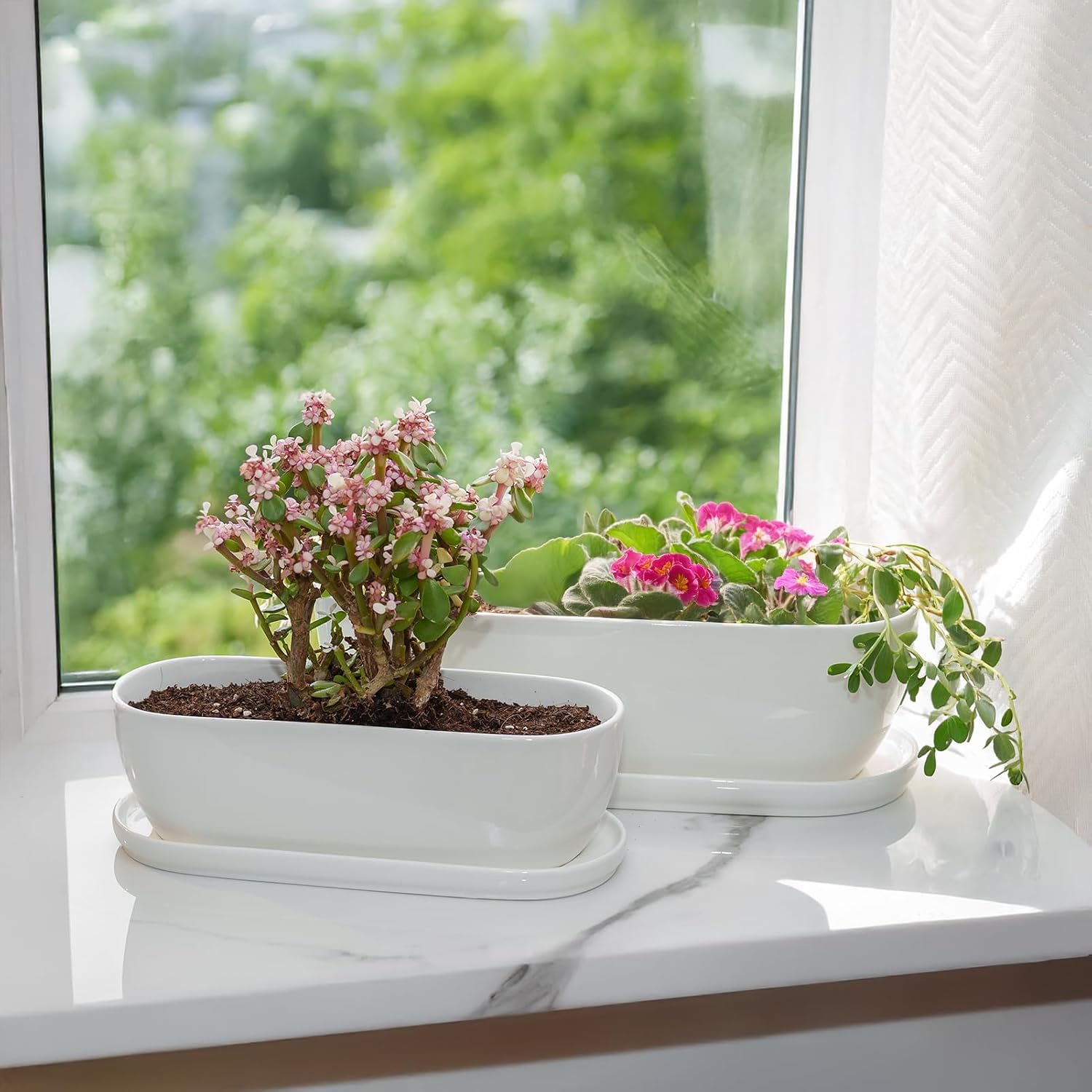 E-liu 11 Inch Oval Ceramic Planter Pot with Drainage Hole Saucers