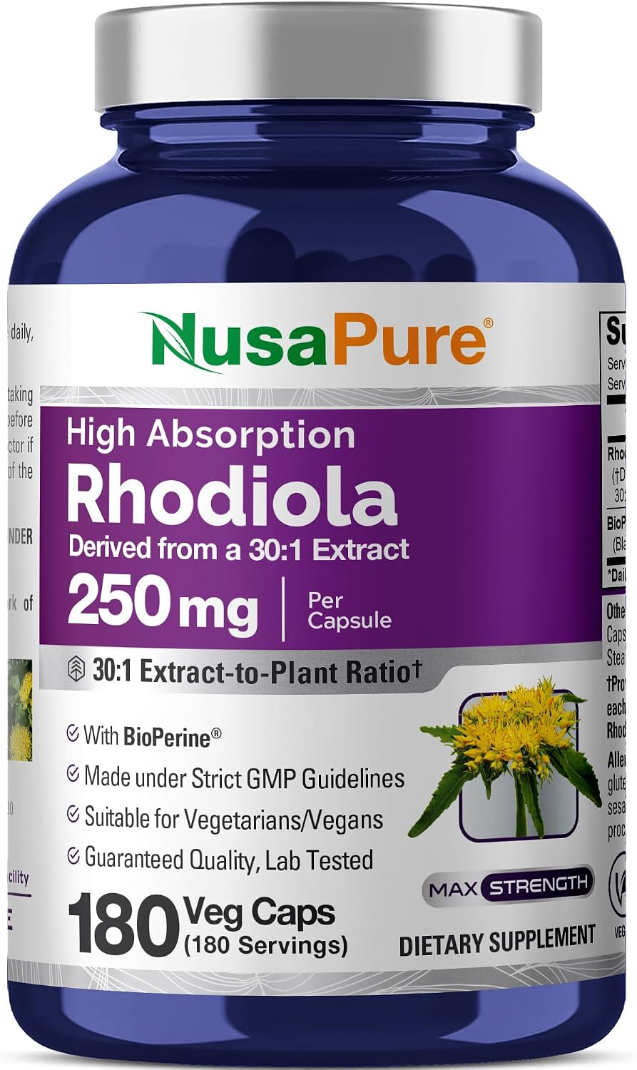 Rhodiola Rosea, Non-GMO, vegan, 250mg, 180 Veggie Capsules - 180 Servings | Plant Based 30:1 Extract, BioPerine, Suitable for Adults