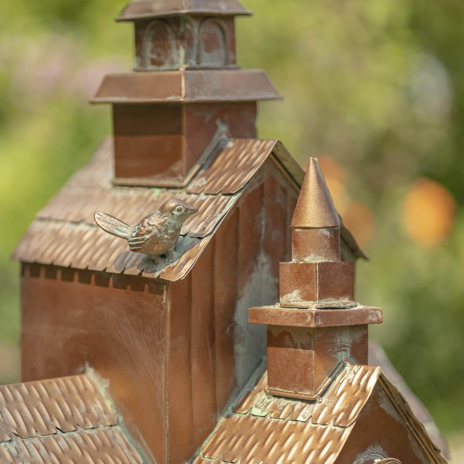 Large Copper Colored Multi-Birdhouse Stakes, Room for 4 Bird Families in Each (Cube Homes with Pyramid Roofs)