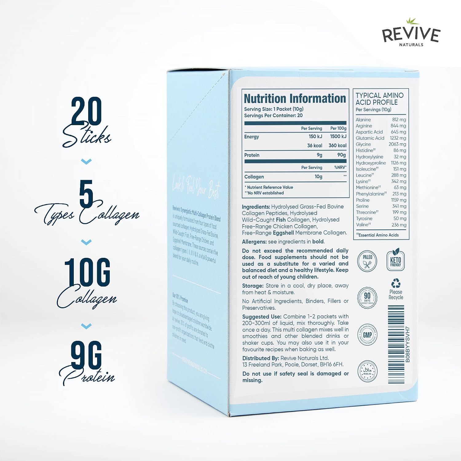 Revive Naturals Multi Collagen Hydrolyzed Protein Powder (16oz) - Types I, II, III, V & X - Grass Fed Bovine, Wild Caught Marine, Free Roaming Chicken & Eggshell Collagen Peptides,