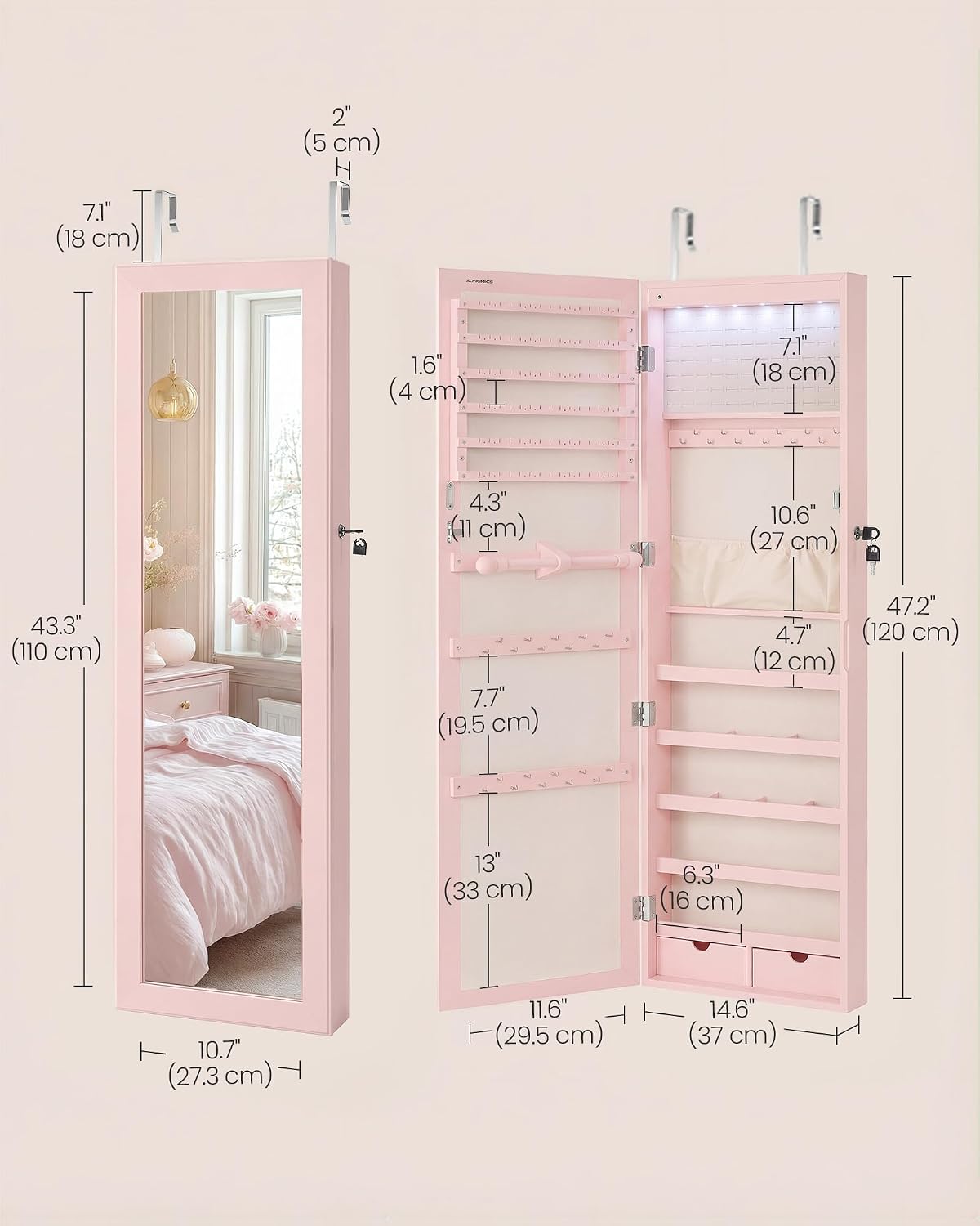 SONGMICS 6 LEDs Mirror Jewelry Cabinet, 47.2-Inch Tall Lockable Wall or Door Mounted Jewelry Armoire Organizer with Mirror, 2 Drawers, 3.9 x 14.6 x 47.2 Inches, White UJJC93W
