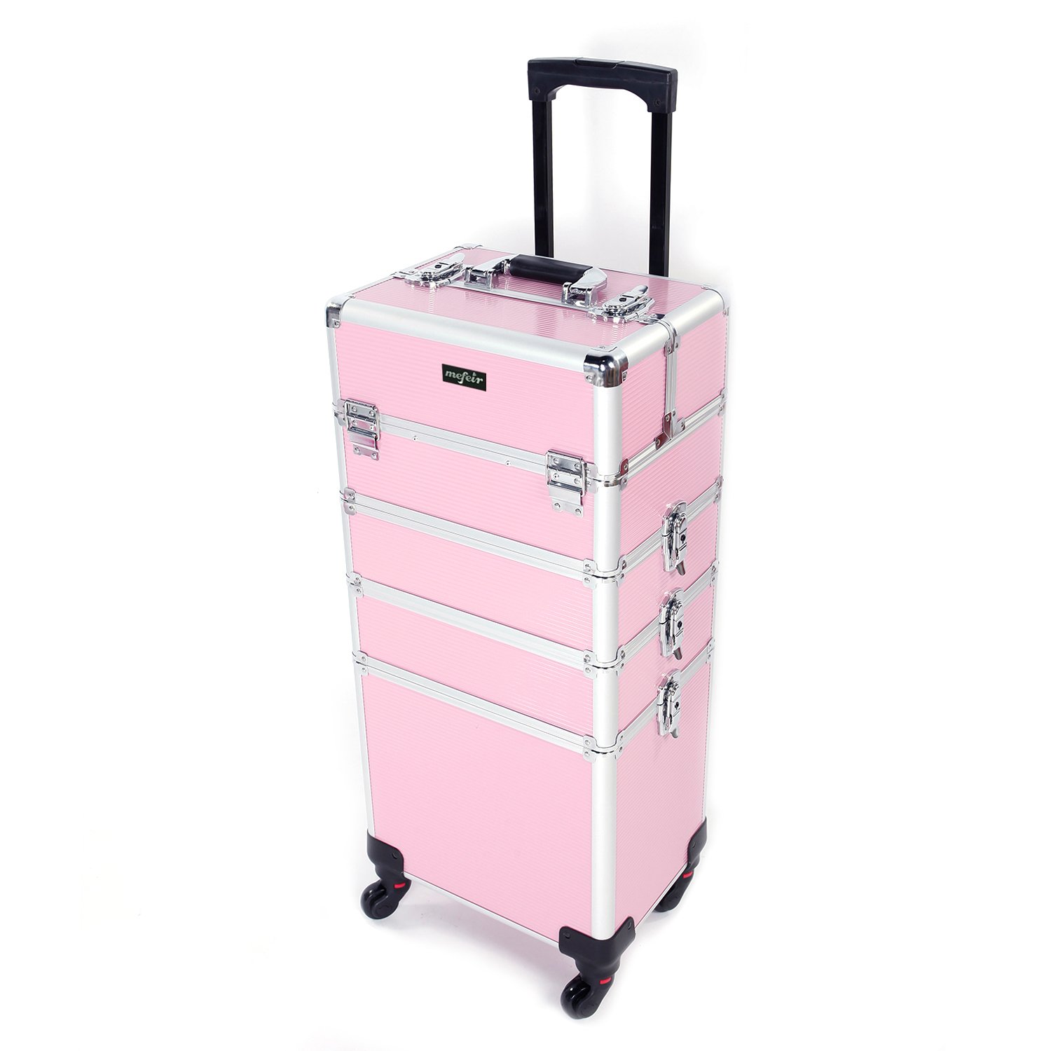 mefeir 4 in 1 Rolling Makeup Train Case, Aluminum Makeup Travel Organizer Cosmetic Case, Cosmetology Display Suitcase on Wheels, Beauty Storage Luggage Lockable w/4 Removable Wheels (Black)