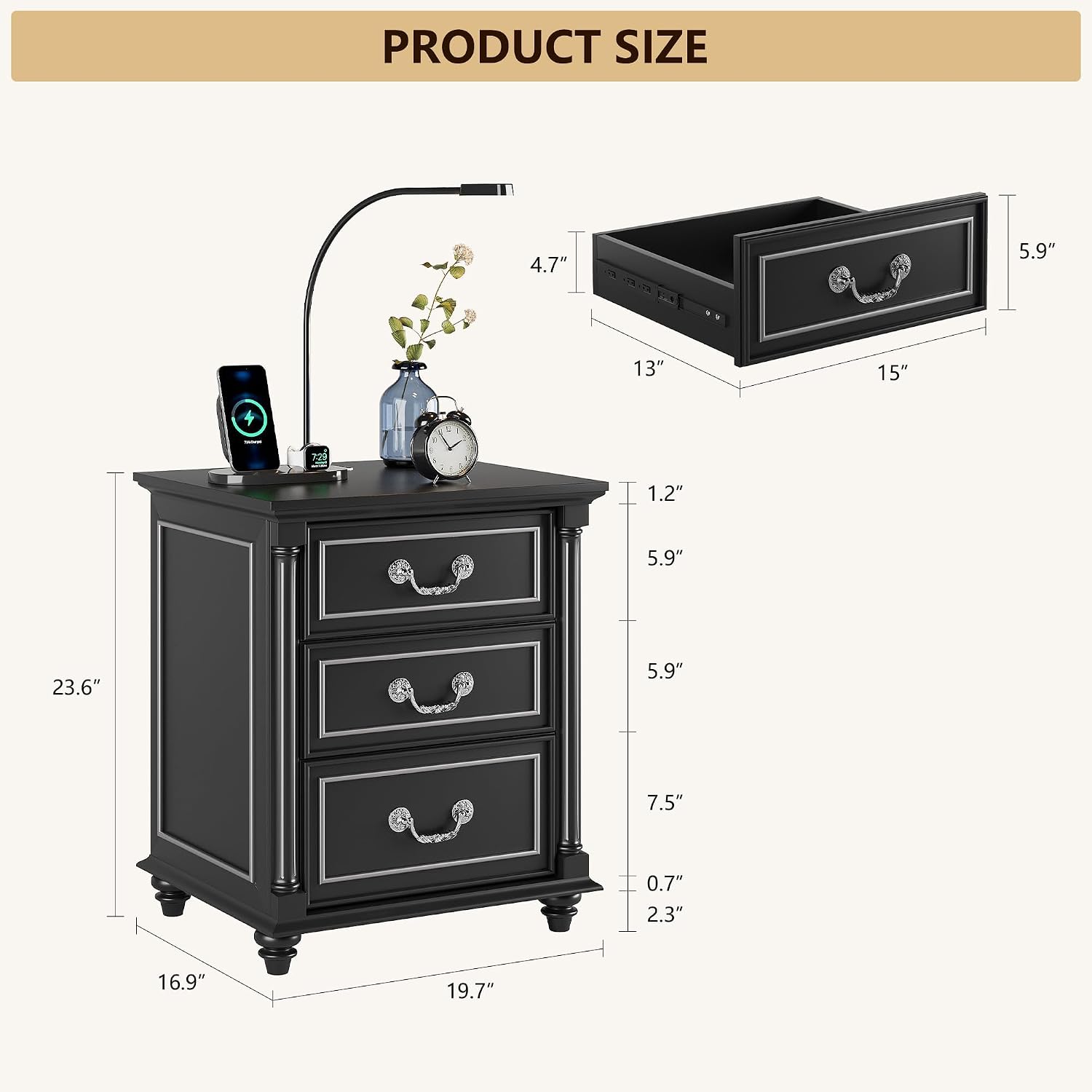 Dystler Nightstand with Gun Drawer and Charging Station | Night Stand with LED Light