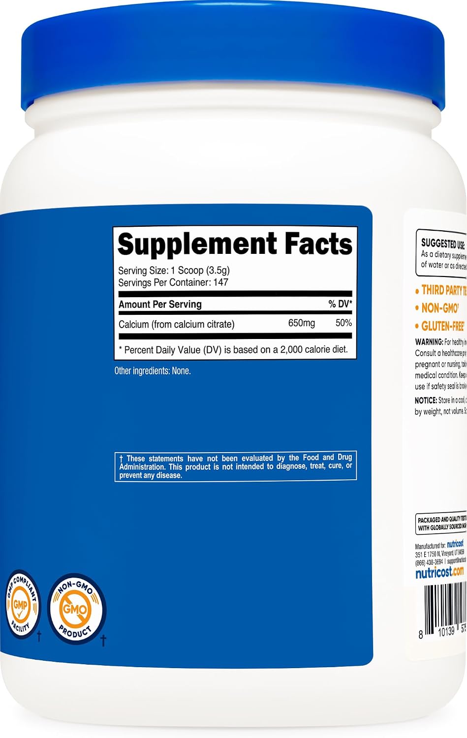 Nutricost Calcium Citrate Powder (Unflavored) 500 Grams, Gluten-Free | Pure Calcium Citrate, No Fillers (1.1lbs)