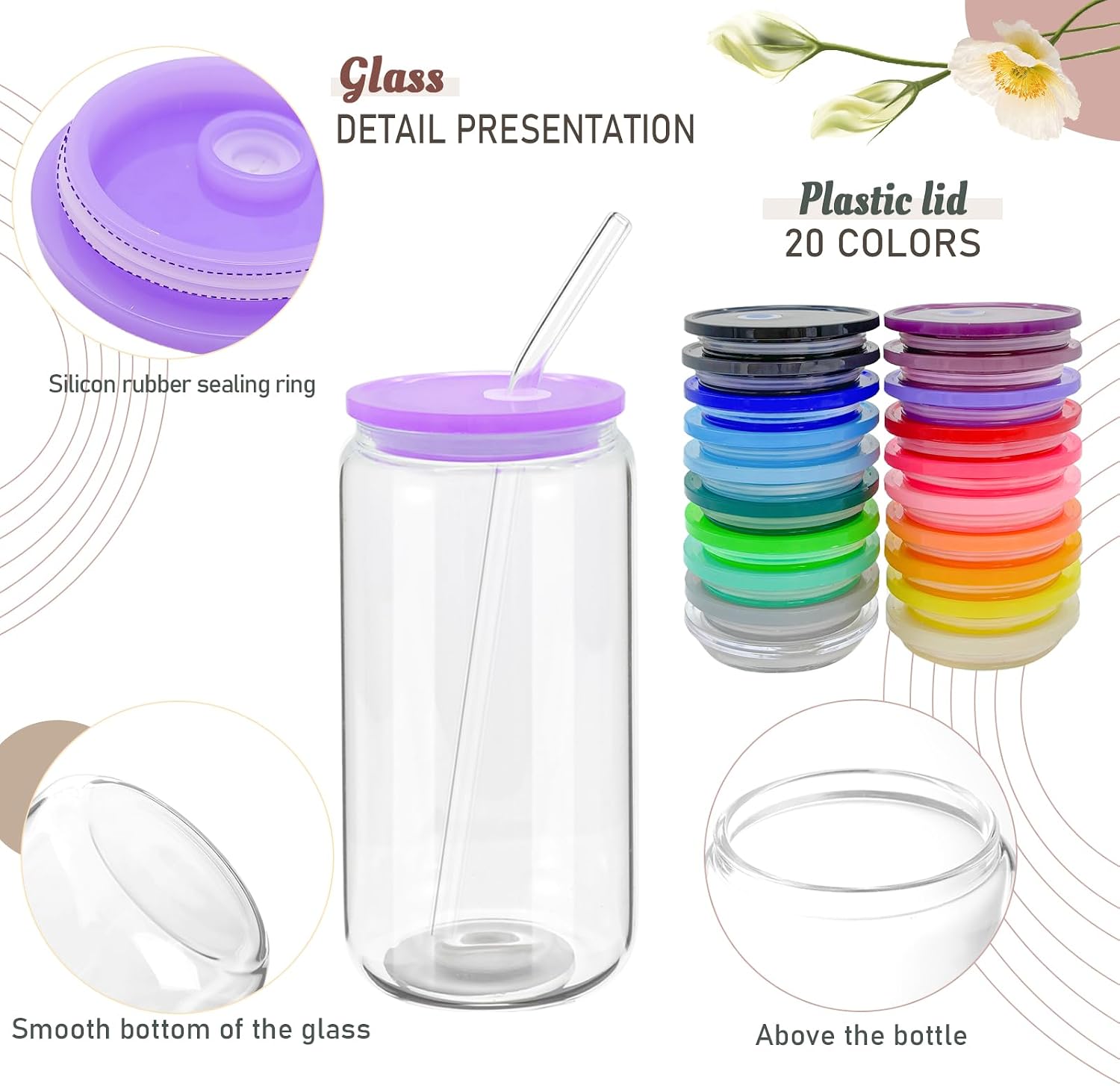 WHEATHUSK 20 Pack Glass Cups with Acrylic Lids and Glass Straws 16oz Iced Coffee Cups Clear Glass Tumbler Can Shaped Drinking Glasses