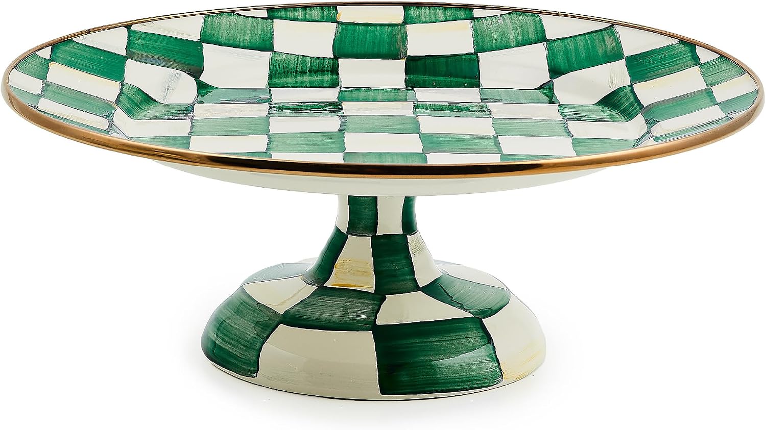 MACKENZIE-CHILDS Pedestal Platter, Mini, Black-and-White Courtly Check | Hand-painted design, made from enameled steel, stackable round cake stand for serving desserts, 8" dia. x 3" H