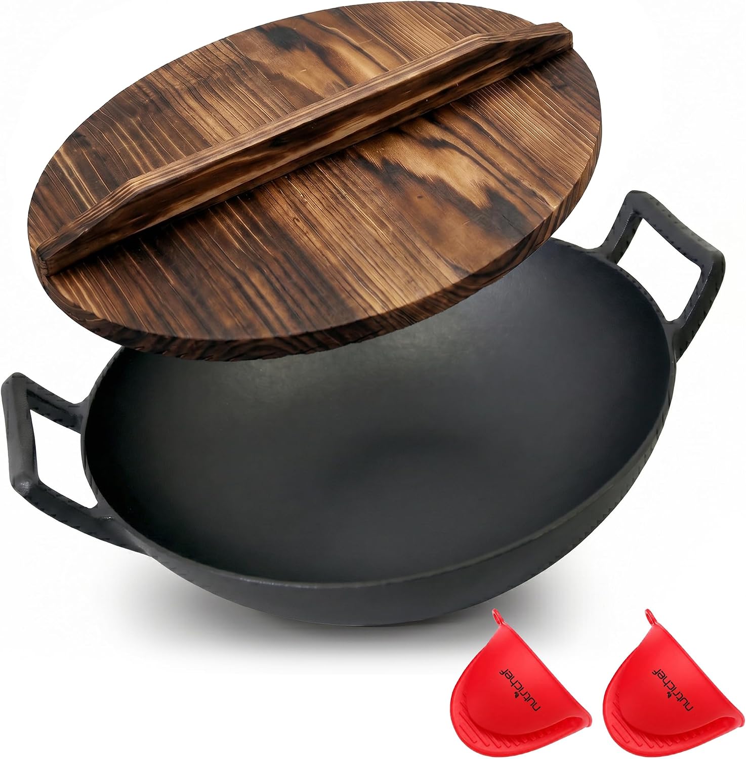 NutriChef 14" Cast Iron Wok with Wooden Lid - Pre-Seasoned Kadai for Stir-Fry with Loop Handles, Compatible with Multiple Cooktops Including Induction