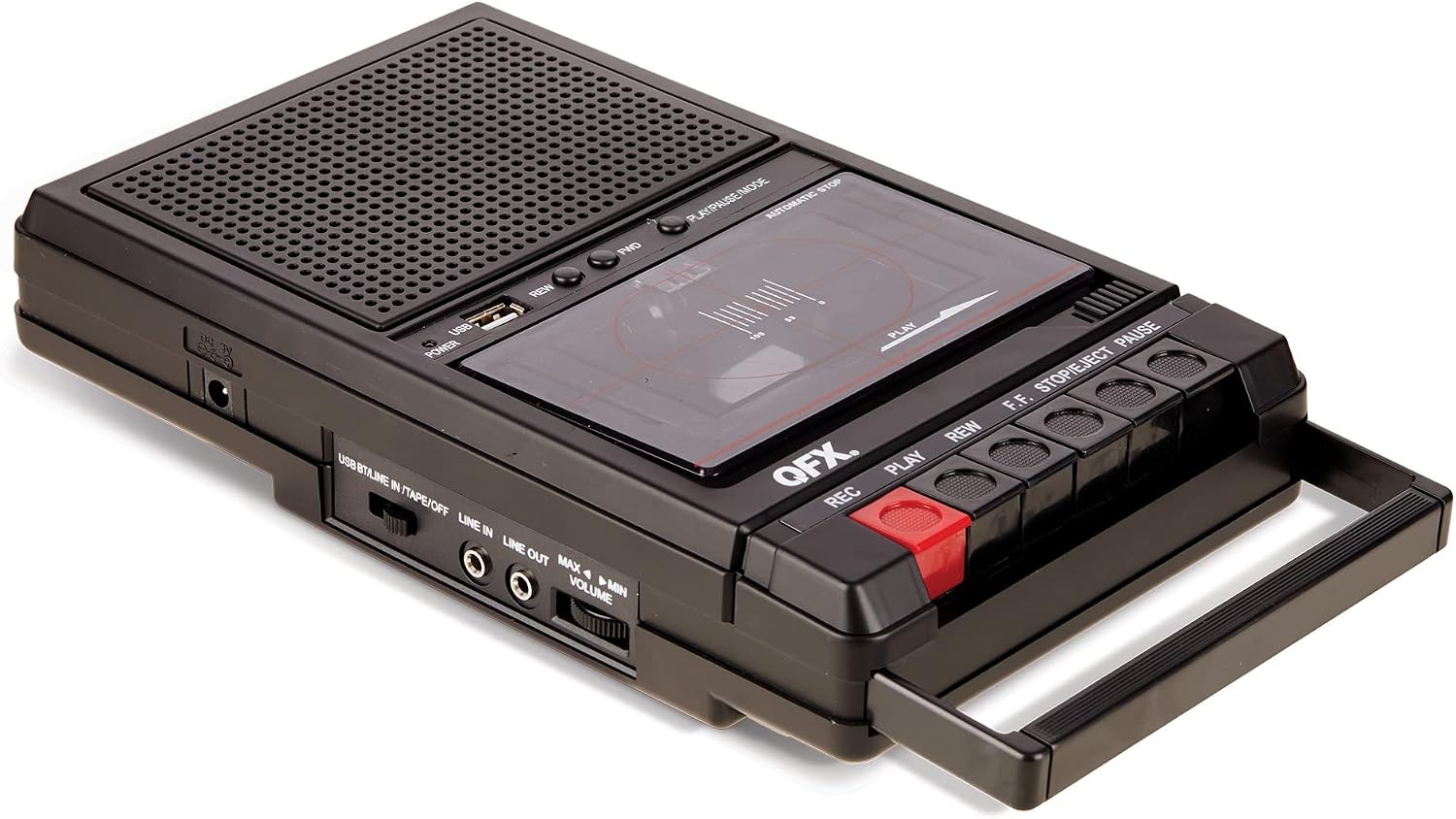QFX Portable Shoebox Cassette Tape Player Recorder, RETRO-39BT | USB to Cassette Recording, Built-In Mic, 3.5" Bluetooth Speaker, FM Radio