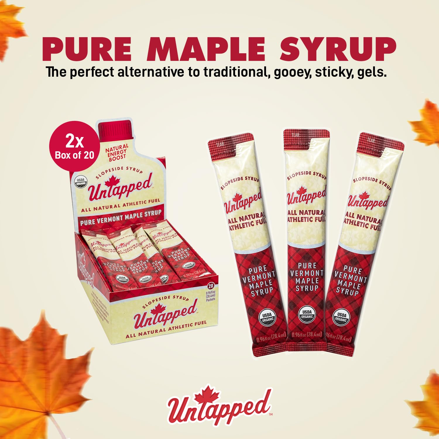 UnTapped Vermont Maple Syrup Packets for Athletes, Box of 20-0.96 Fl Oz | Organic Pure Maple Syrup for Natural Endurance Energy | Fuel to Keep You Running Longer