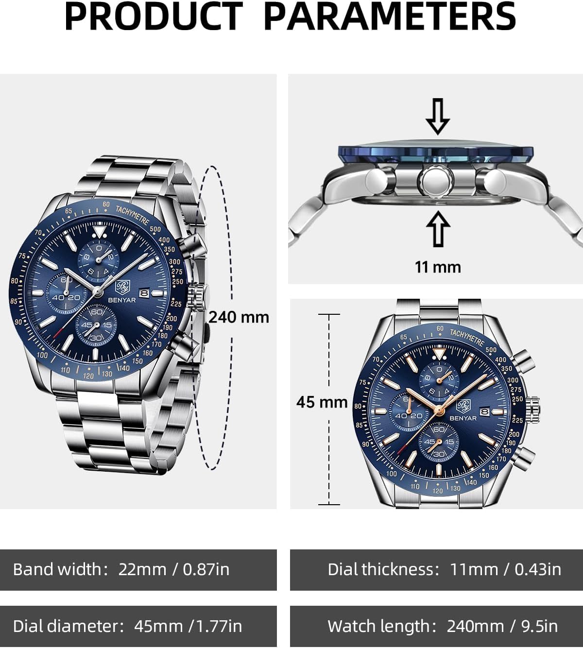 BENYAR Watch for Men Analog Quartz Chronograph Waterproof Luminous Designer Mens Wrist Watches Business Work Sport Casual Dress Watch with Silicone Strap Elegant Gifts for Men