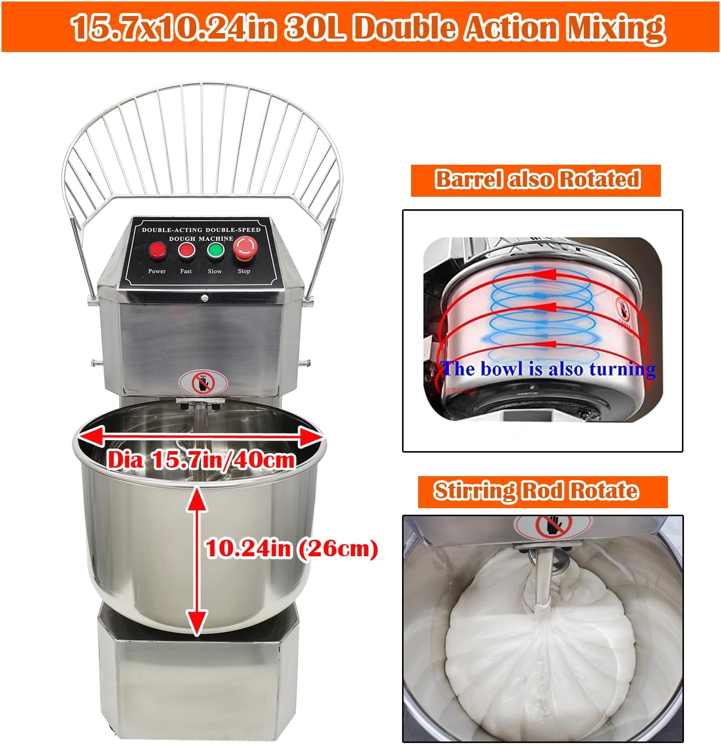 INTBUYING 30 QT Stand Dough Mixer 7.5 Gallon Double Action Spiral Stand Mixer with Double-Speed
