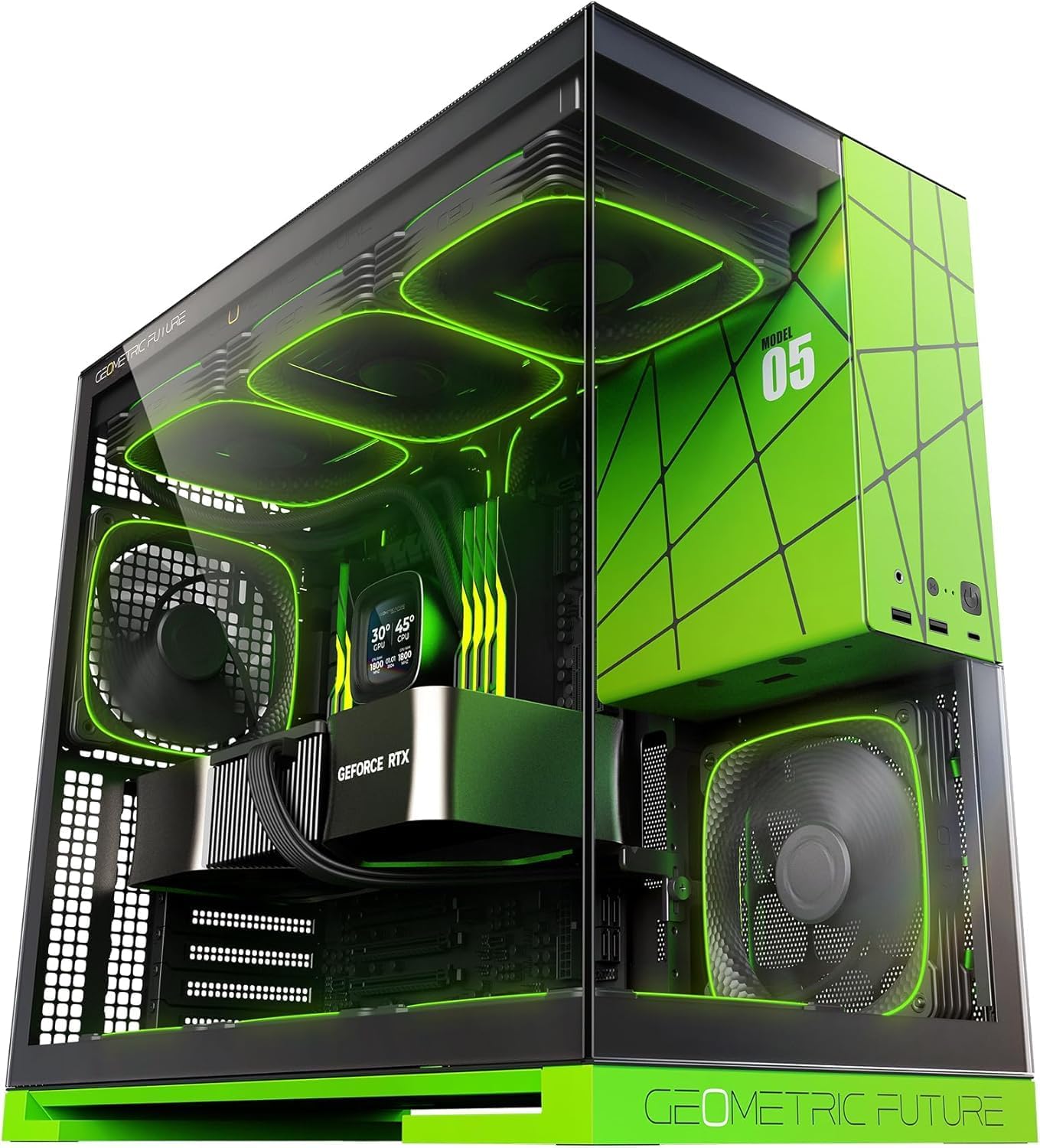 Geometric Future M5 Tempered Glass Mid Tower, E-ATX/ATX Gaming Case, 1.2mm Steel, Type C, Toolless Panels, Support 420/360 Radiator, ARGB PWM 140m Fan x 5 Pre-Installed, Black/Yellow, GEO-M5F-BY