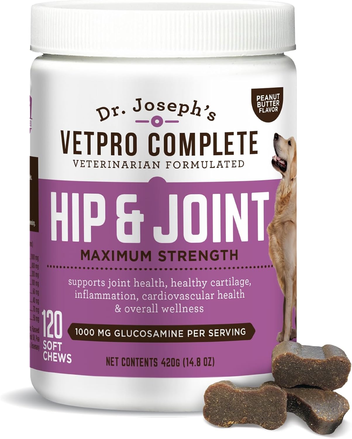 Dr. Joseph's VetPro Complete Dog Hip & Joint Wellness Supplement – High-Strength Glucosamine, MSM, Omega & Chondroitin Chews and Breeds – Vet Formulated Chicken Dog Treat - 120 Count