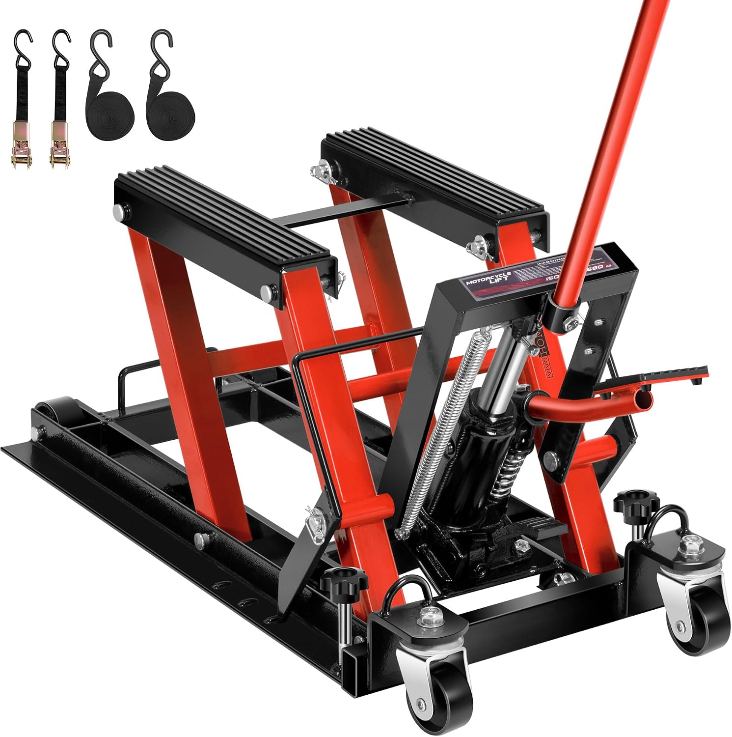 VIVOHOME 1500 LBS Hydraulic Motorcycle Lift Jack | Heavy-Duty Steel ATV Lift Stand with Wheels & Handle, for Motorcycles, Dirt Bikes, ATVs (Red)