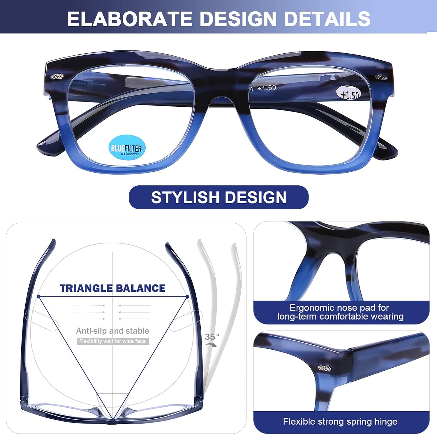 AQWANO Oversized Computer Reading Glasses Blue Light Blocking, 4 Pairs Stylish Fashion Design Anti UV Ray/Eye Strain/Glare Readers Men Women, 1.5