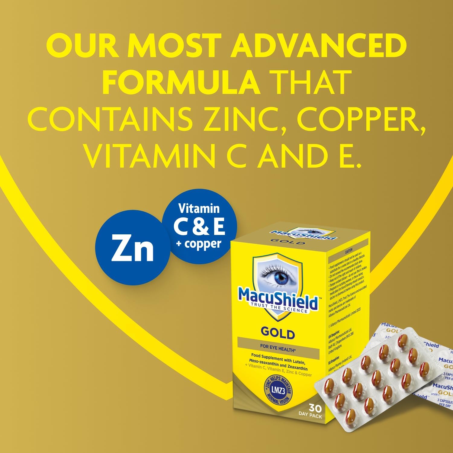 Macu Shield Gold Food Supplement - Pack of 90 Capsules | Helps support normal vision, Zeaxanthin and meso-zeaxanthin, Zinc