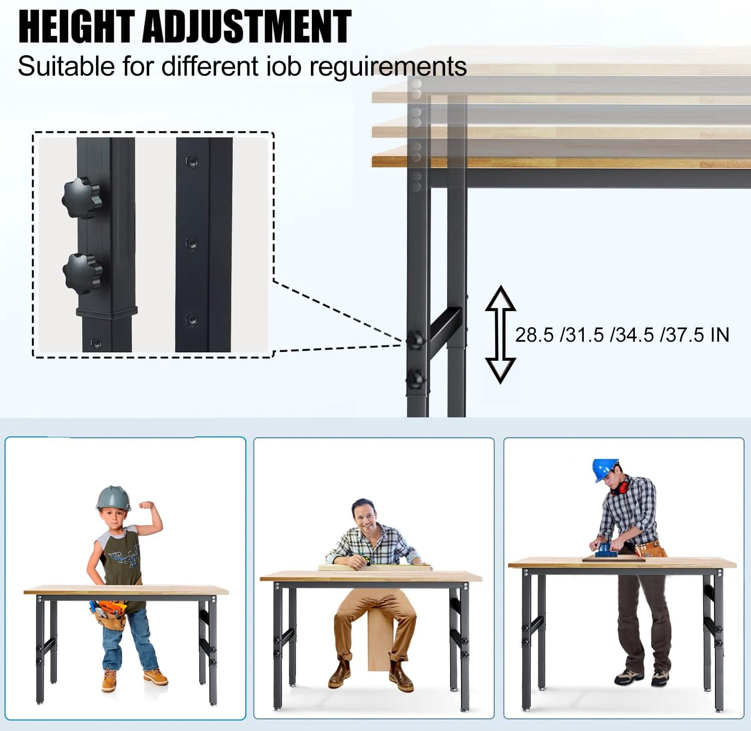 60in Adjustable Height Workbench Desk with Drawers,Power Outlets, Rubber Wood Top Heavy-Duty Work Table, 2000 LBS Load Capacity Work Station for Garage, Workshop, Office, Home