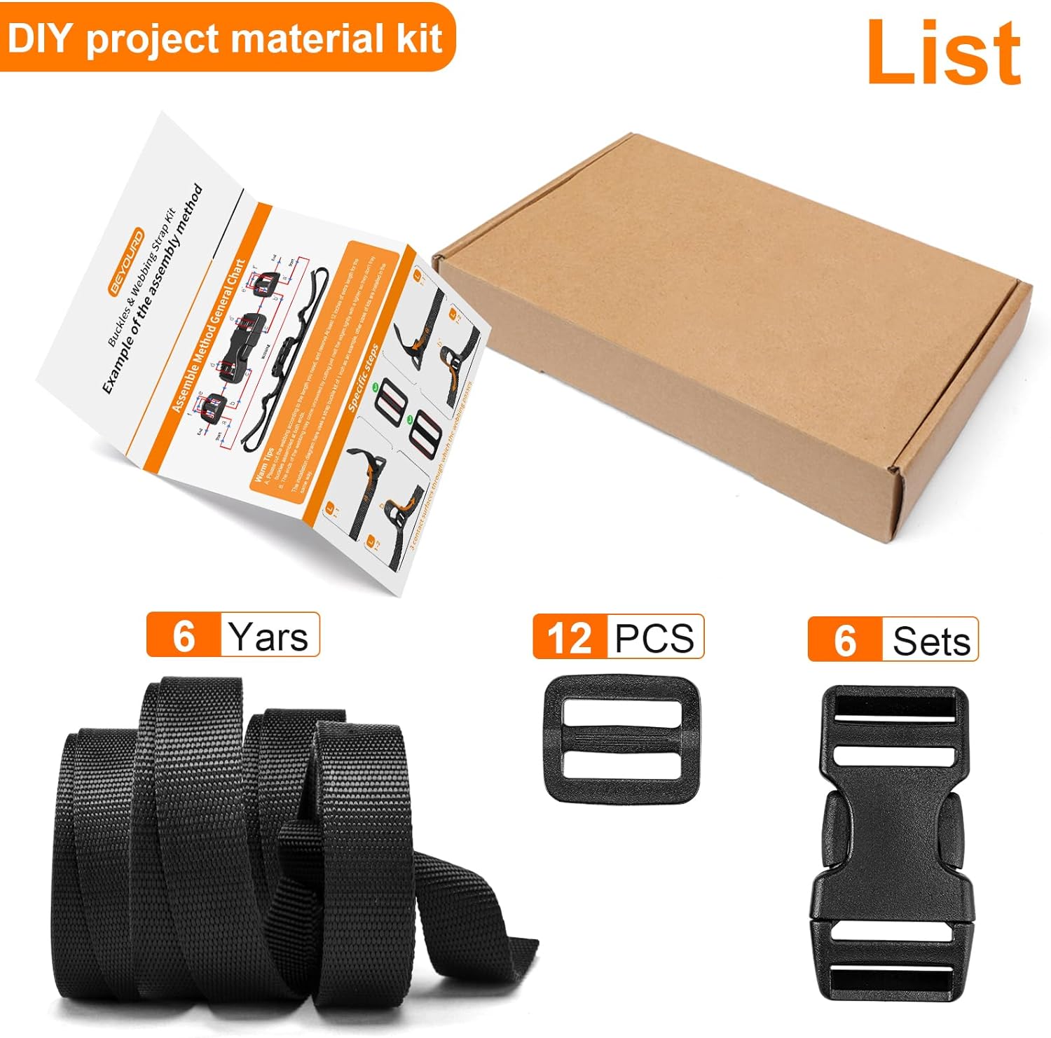 BEYOURD Buckles and Straps Set 1": 6 Yards of Thick Nylon Webbing, 6-Pack Heavy Duty Adjustable Quick Side Release Plastic Buckles