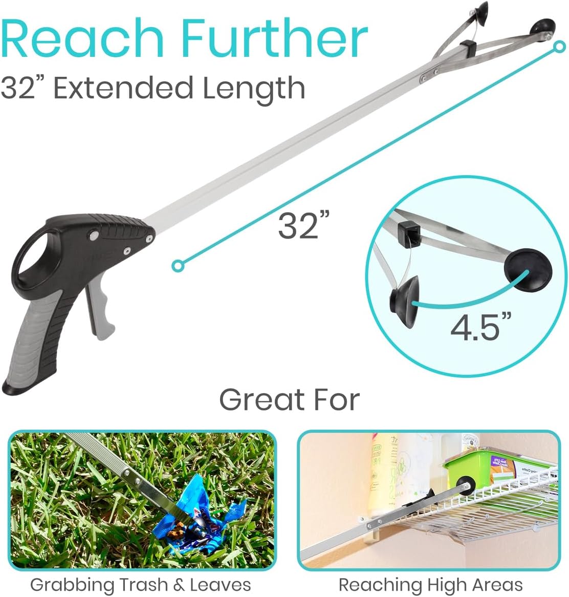 Vive Suction Cup Grabber Reacher 32" - Elderly Grab It Reaching Pickup Tool | Heavy Duty for Seniors - Trash, Sticks, Litter Picker Upper - Extra Long Reach Handle & Handy Extension Arm Claw