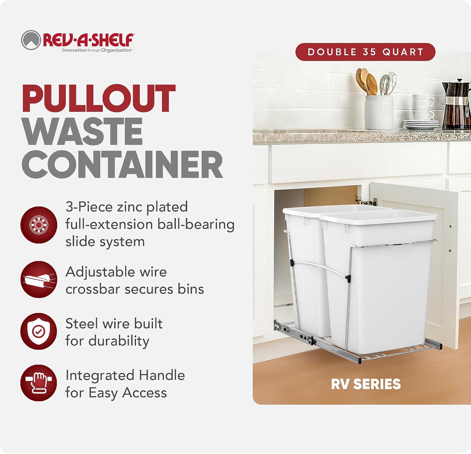 Rev-A-Shelf Double Pullout Garbage Trash Cans for Kitchen Cabinets, 35 Qt