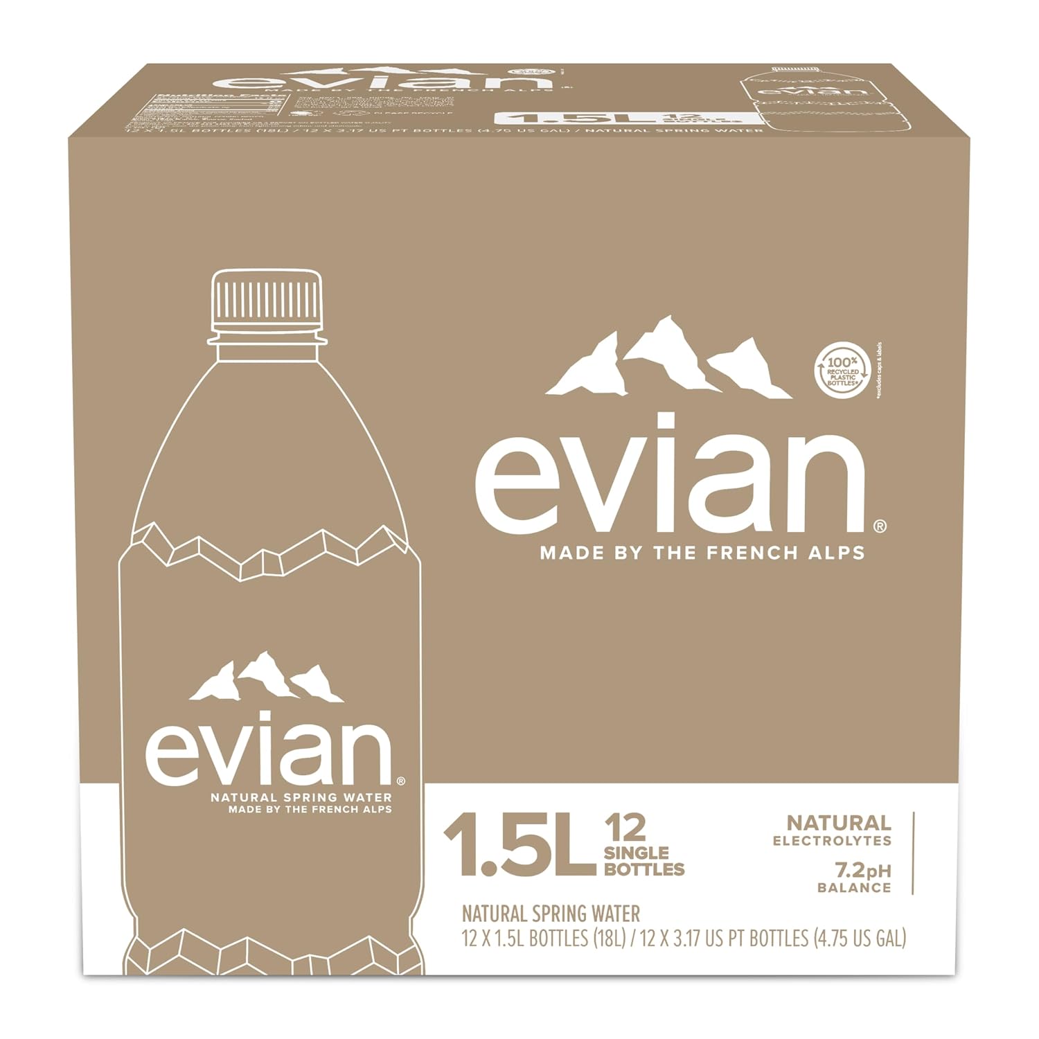 evian Natural Spring Water, 750 ml (25.36 fluid ounce) Water Bottle with Sports Cap, 12 Pack