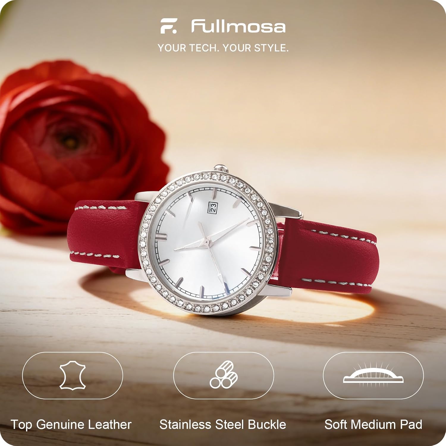 Fullmosa 22mm Quick Release Leather Watch Band for Garmin Samsung Galaxy | Strap for Garmin Vivoactive 4 45mm,Garmin Venu 4(45mm)/Venu 3/Venu 2,Samsung Galaxy Women Men, Red&Silver Buckle