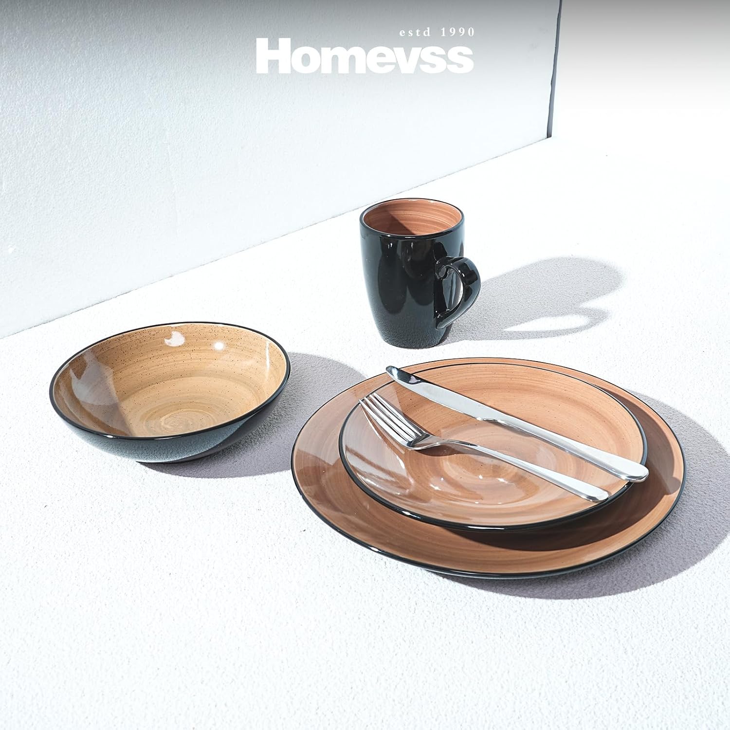 HomeVss, Sonoma Stoneware Dinnerware Set, Outside Black + Inside Hand Painting Color (16pc Set, Grey)