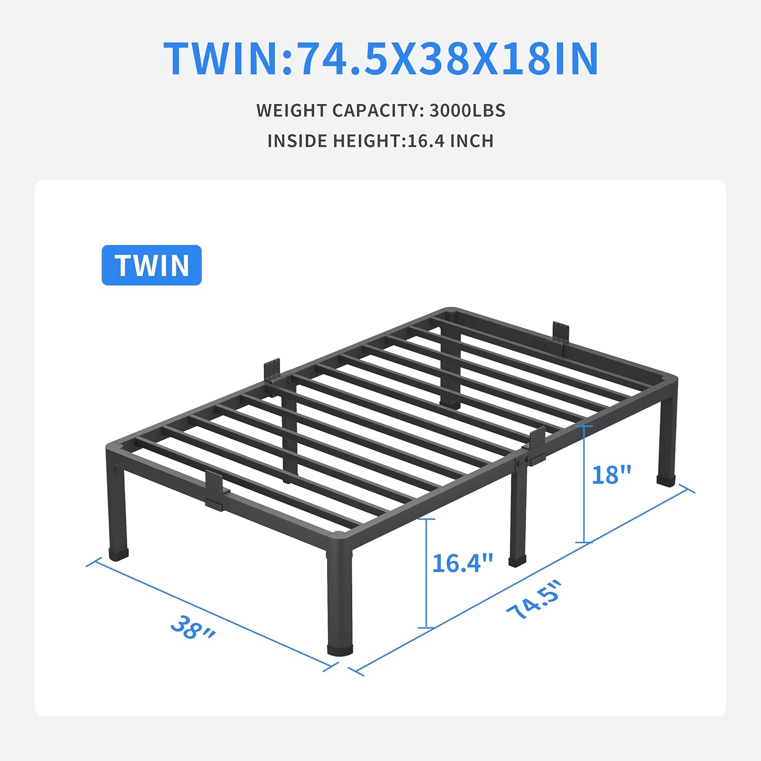 MAF 18 Inch Twin Bed Frames with Round Corner Legs Mattress Slide Stopper | No Box Spring Needed, Heavy Duty Metal Platform Bed Frame