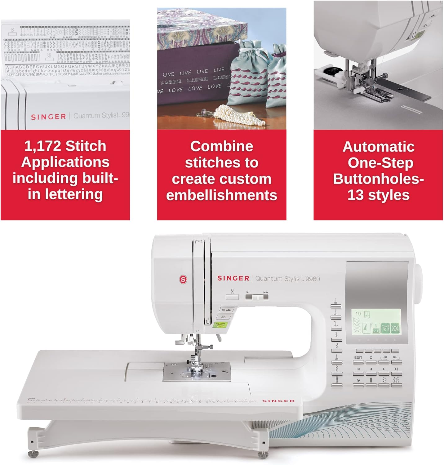 SINGER® Quantum Stylist 9960 Computerized Sewing & Quilting Machine | Hard case, extension table, 13 presser feet included, 600 stitches, 5 fonts, LED light, metal frame, 13 one-step buttonholes