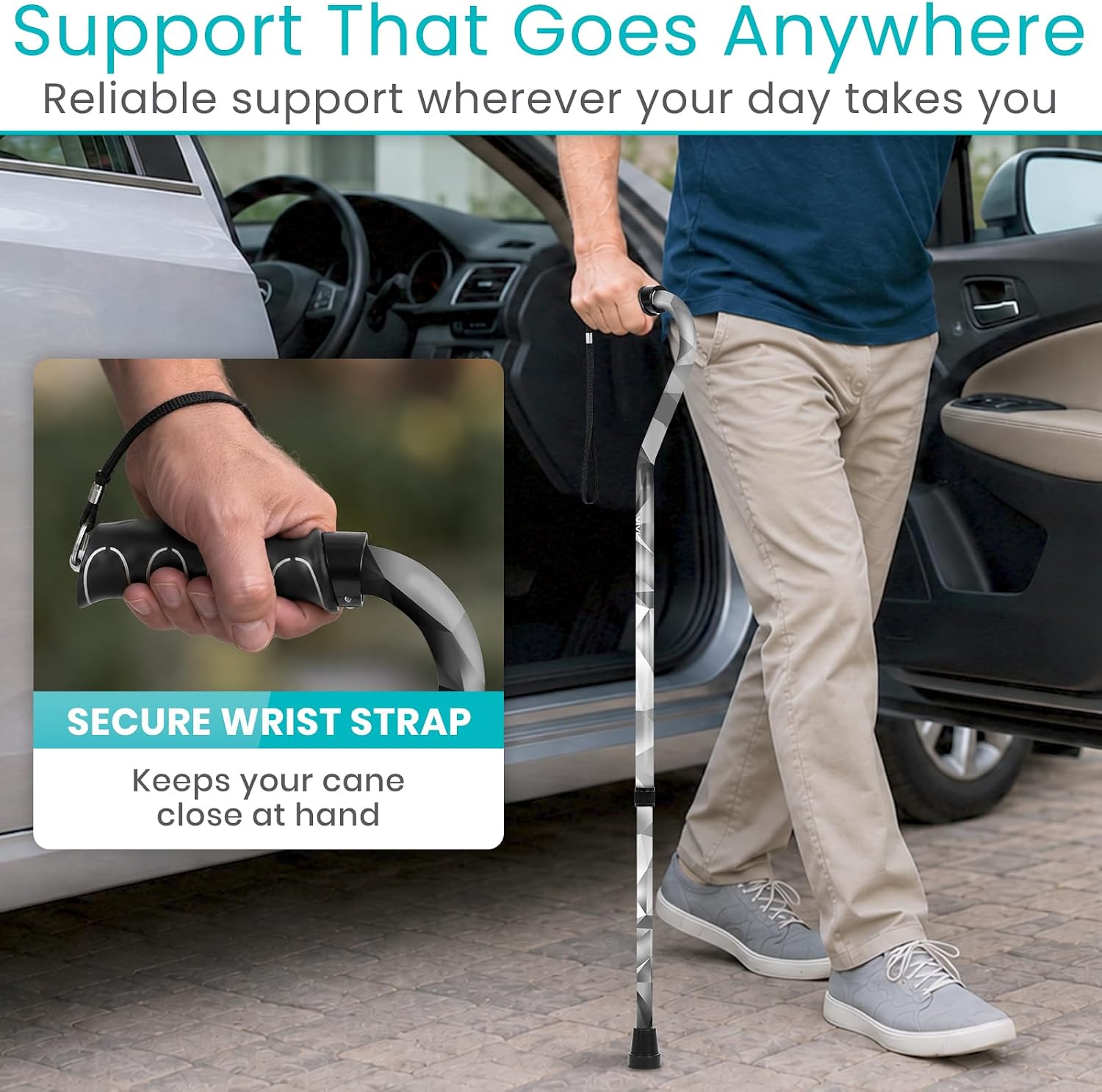 Vive Walking Cane for Women, Men, Elderly - Patented Offset Grip - Lightweight Adjustable Walking Aid with a Non-Slip Tip - Sturdy Balancing Mobility Aid for Seniors