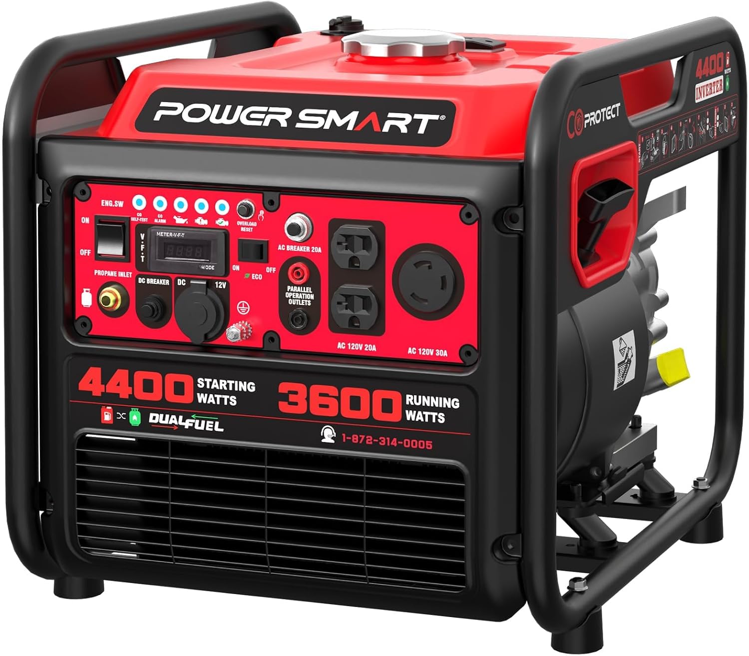 PowerSmart 4400-Watt Open Frame Inverter Generator, Gas Powered, CO-Sensor, Lightweight & Quiet for Home Use and Emergency Backup, Camping, EPA Compliant