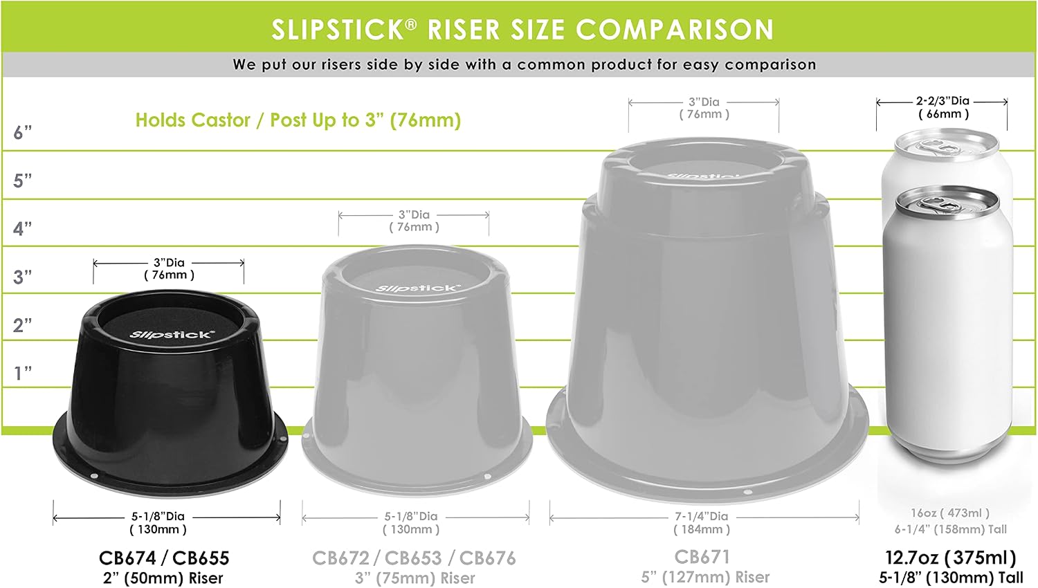 Slipstick CB672 Premium 3 Inch Bed Risers/Furniture Raisers with Steel Reinforced Caster Wheel Holder Top, Lifts Height 3" (4 Pack) Supports 2