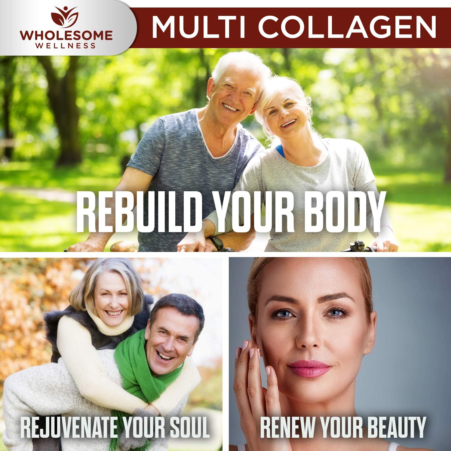 Wholesome Wellness Super-Absorb Multi Collagen Pills (Type I II III V X) Organic Herbs & Bioperine - Hair, Skin