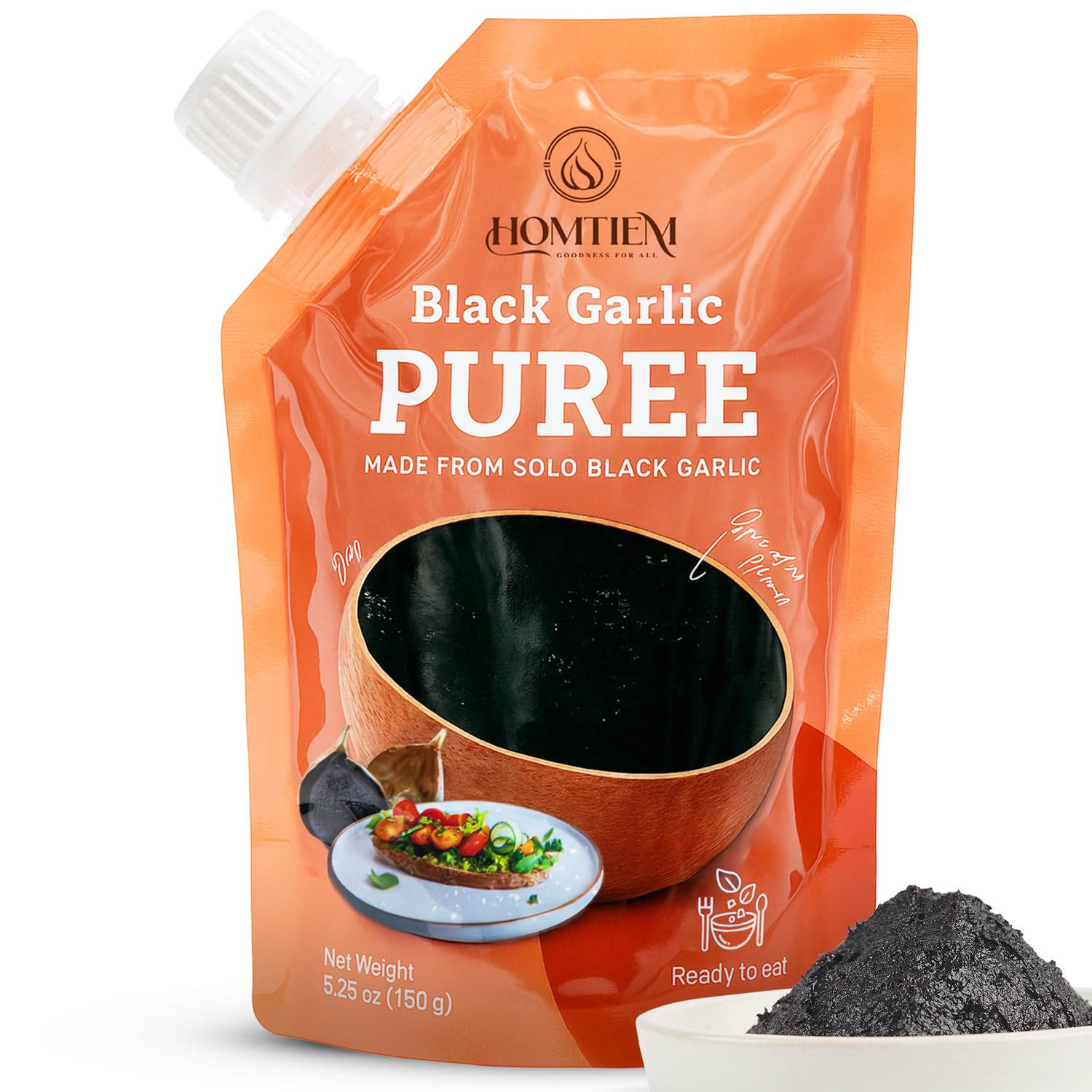 Homtiem Black Garlic Puree 150g. (Made from Solo Black Garlic 100%), Whole Black Garlic Fermented for 90 Days, Non-GMOs, High in Antioxidants