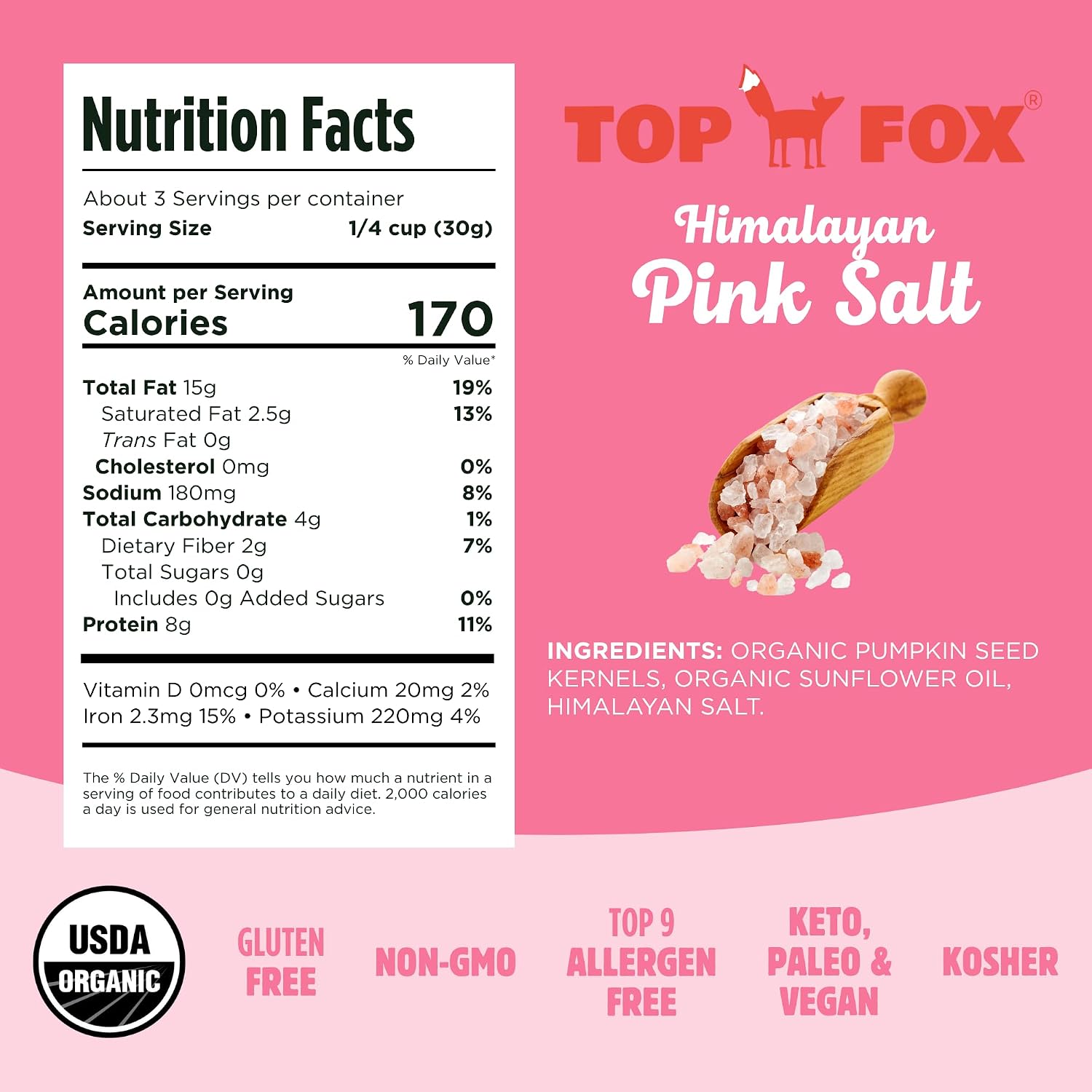 Top Fox Snacks - Organic Pop-Roasted Pumpkin Seeds | Healthy Protein Snacks - Gluten Free - Keto and Vegan Friendly (Himalayan Salt, 3.5 oz - 2 Pack)