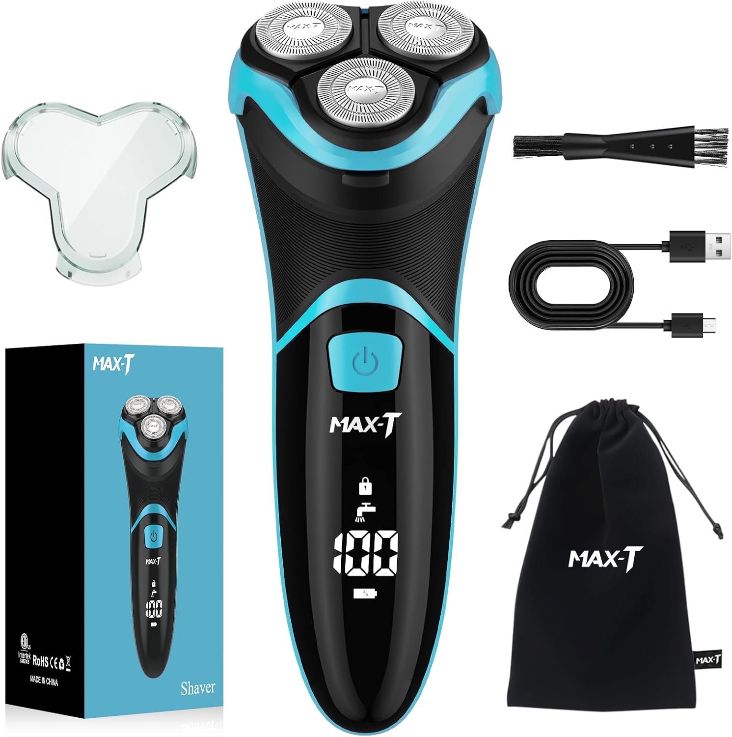 MAX-T Men's Electric Shaver - Corded and Cordless Rechargeable 3D Rotary Shaver Razor for Men with Pop-up Sideburn Trimmer Wet and Dry Painless 100-240V Black (Metal Black)