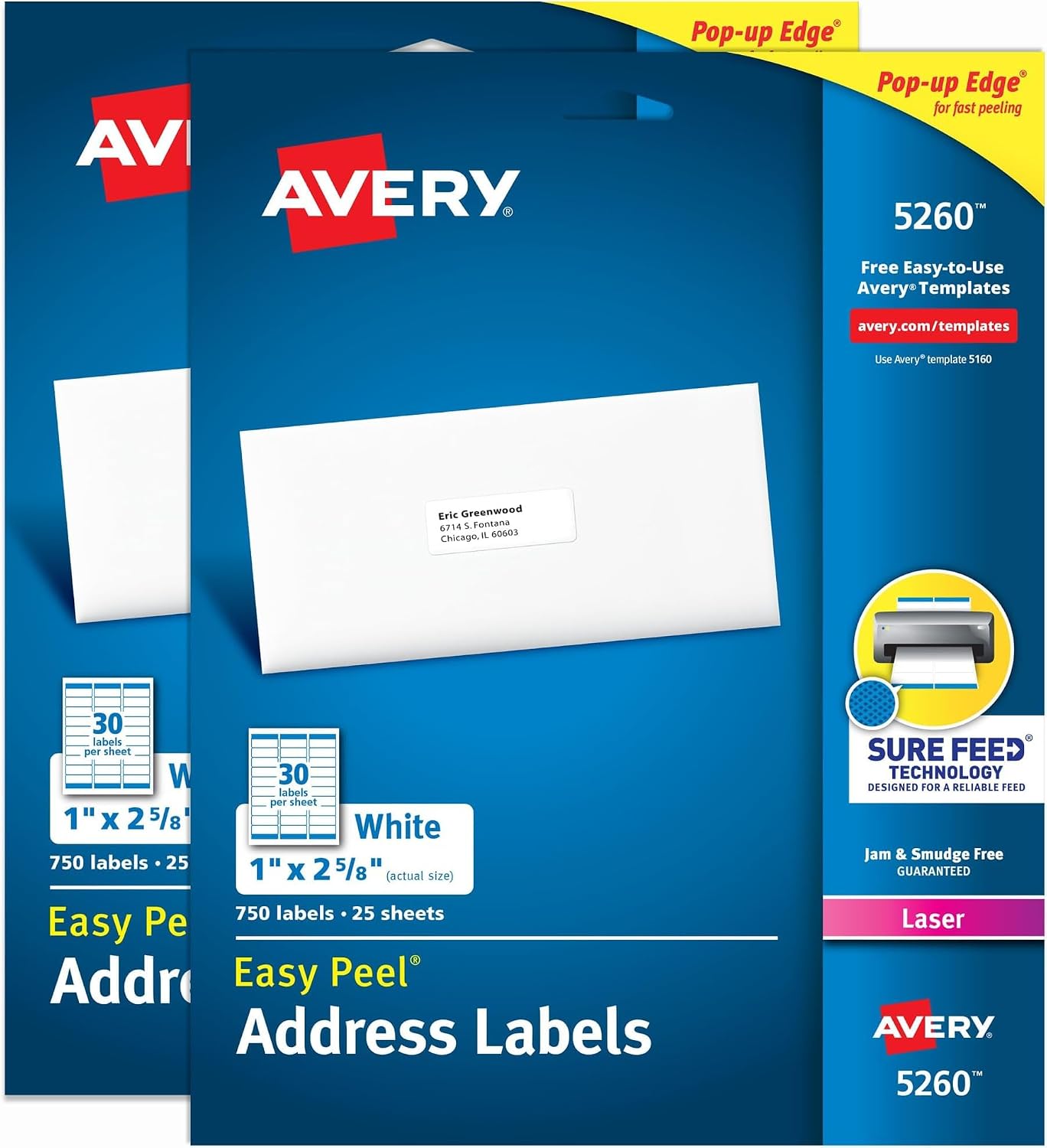 Avery® Easy Peel® Printable Address Labels, Sure Feed® Technology, 1" x 2-5/8" Customizable Stickers, White, 1,500 Blank Mailing Labels, Great for Mailing, Shipping, and More (2-Pack of 5260)
