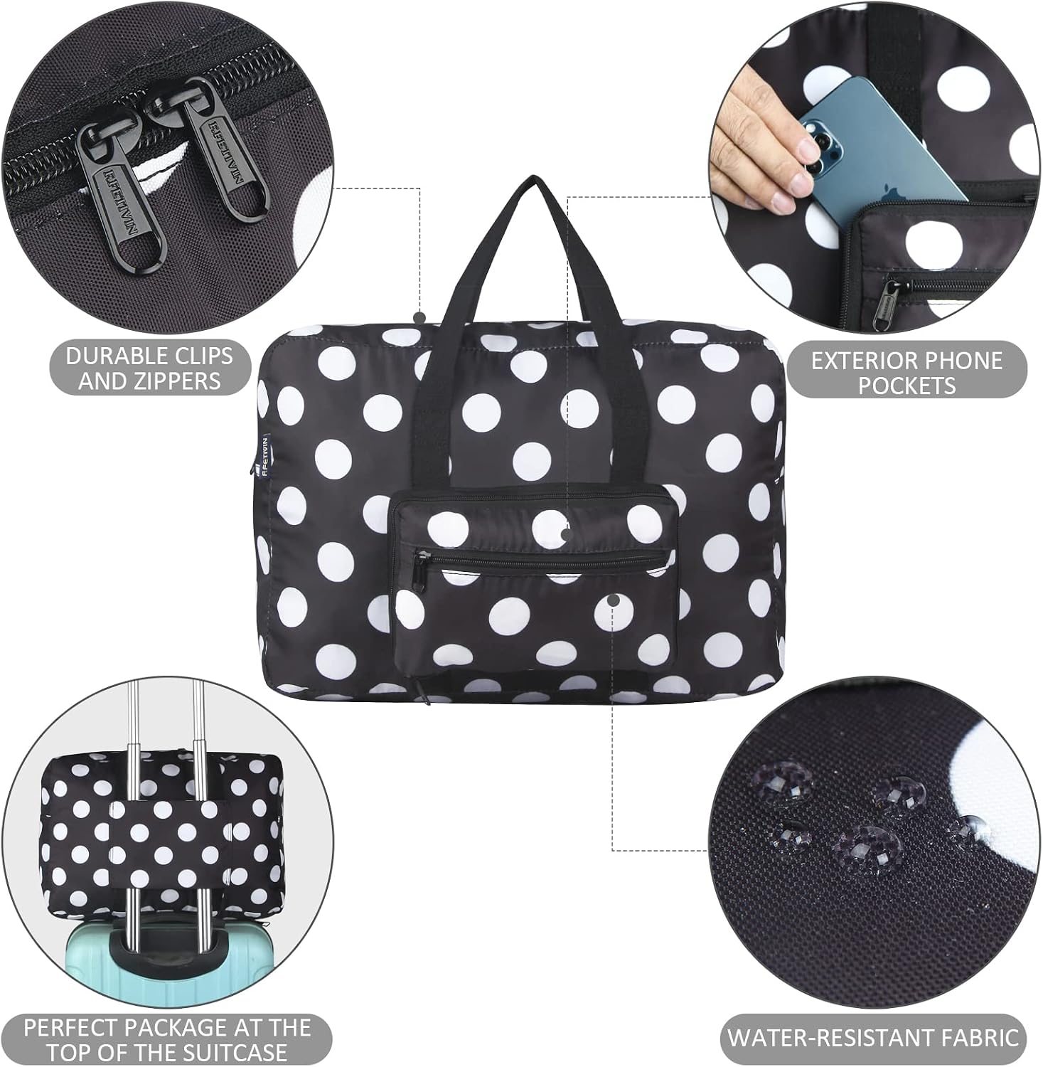 Travel Foldable Waterproof Duffel Bag - Lightweight Carry on Luggage Tote Duffel Bag(Black Floral)