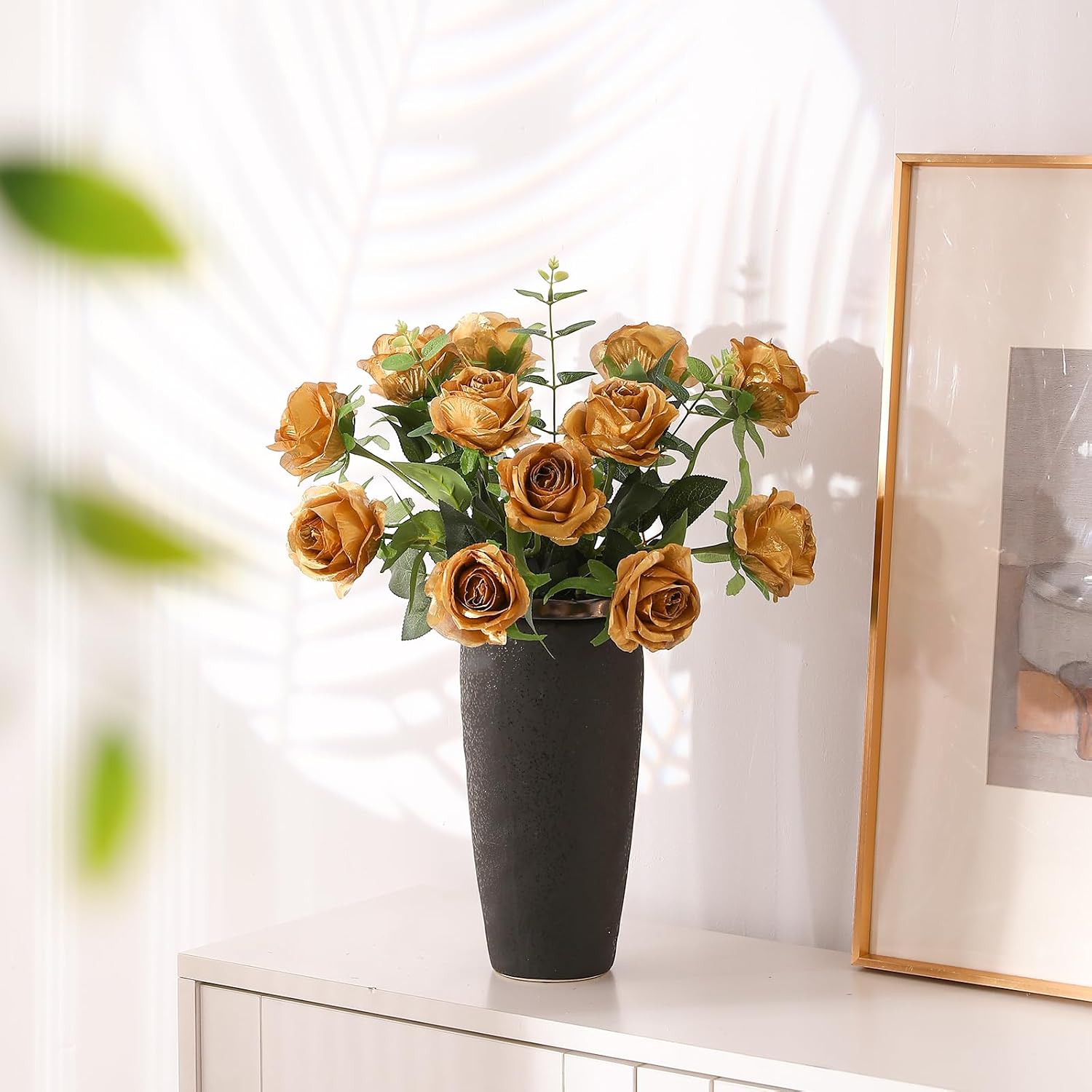 Hawesome 12PCS Artificial Silk Flowers Realistic Roses Bouquet Long Stem for Home Wedding Decoration Party (Yellow, 6 Flowers 6 Buds)