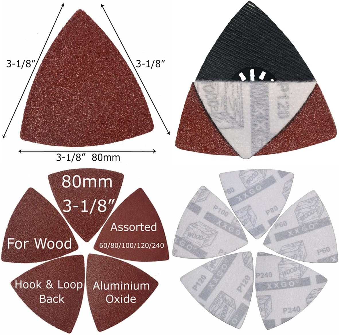 XXGO 55 Pcs 80mm 3-1/8 Inch Triangular Oscillating Multi Tool Sanding Pads | Assorted Grit , Hook & Loop Design , Strong Velcro , Best for Metal Wood Sanding
