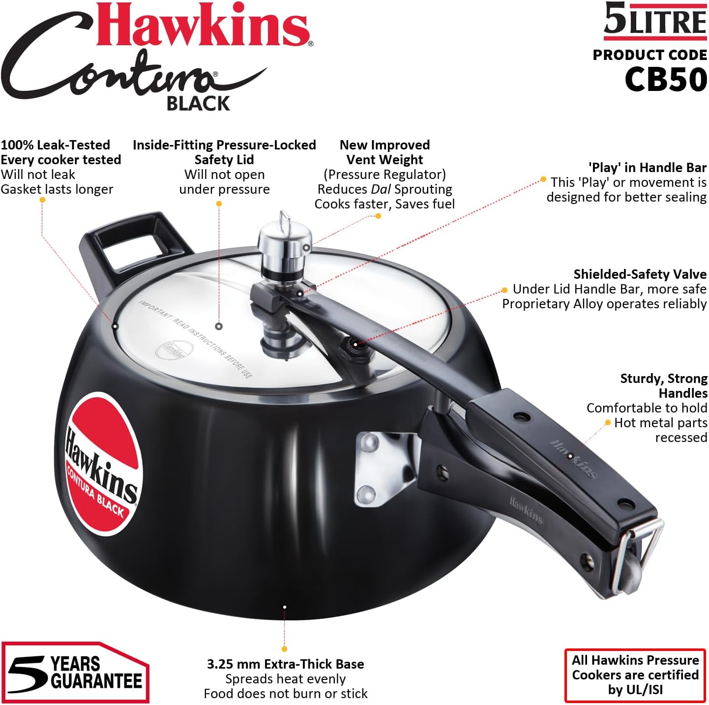 Hawkins 3.5 Litre Contura Black Pressure Cooker, Hard Anodised Inner Lid Cooker, Handi Cooker, Black (CB35)