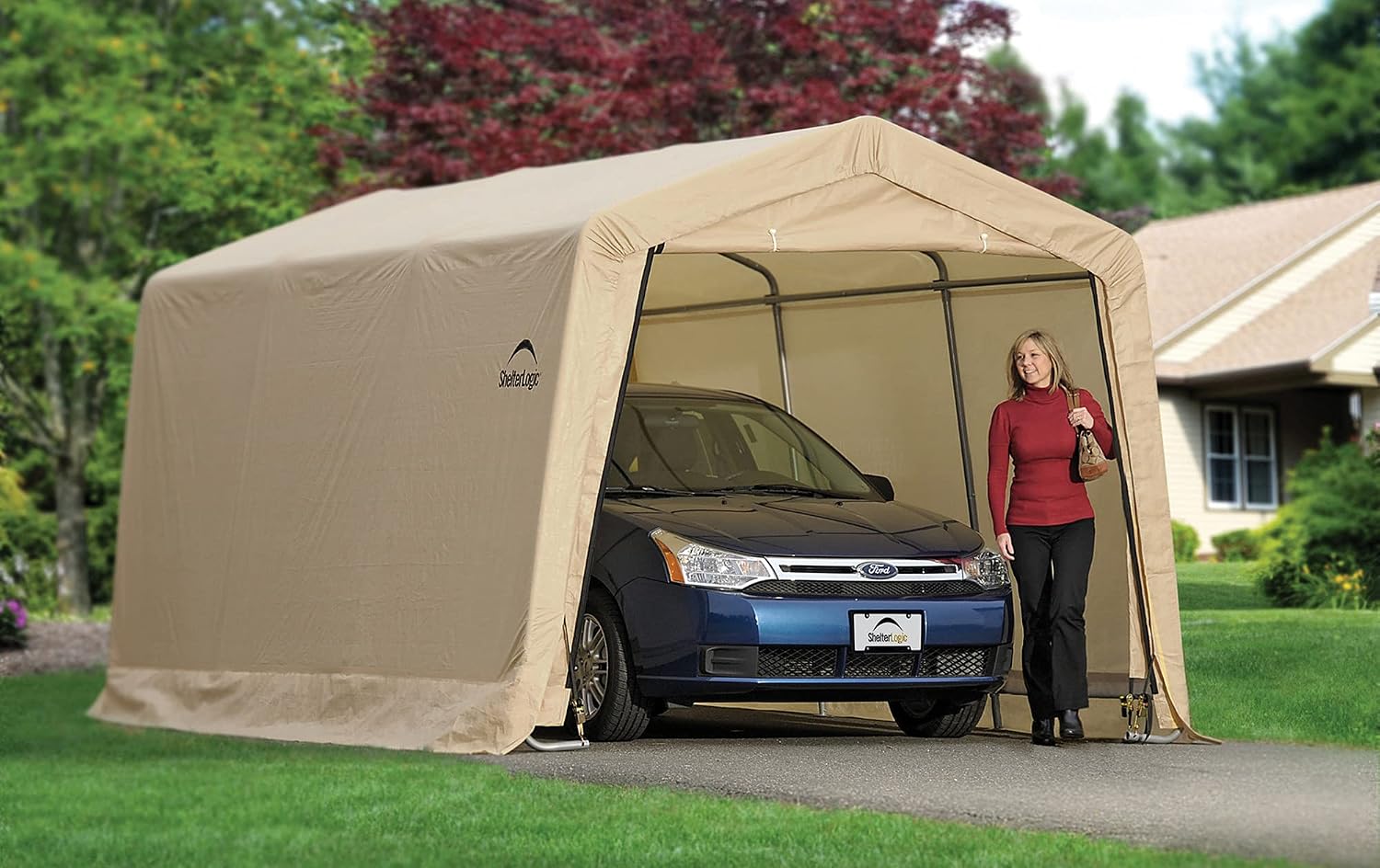 ShelterLogic Peak Style Roof Instant Garage Carport Car Canopy with Steel Frame and Waterproof UV-Treated Cover