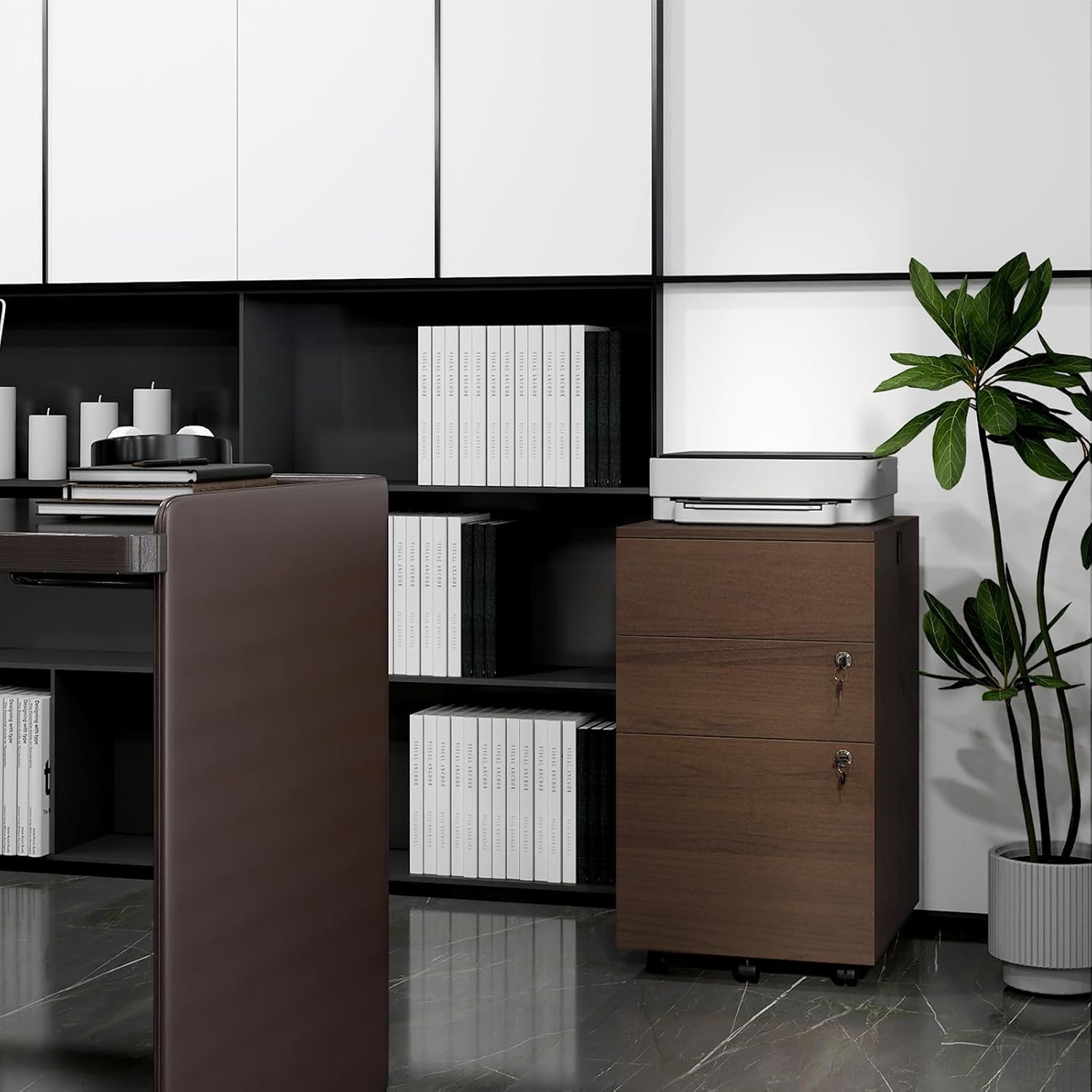 Mobile File Cabinet with 3 Drawers, Wooden Rolling Filing Cabinet with Lock, Under Desk File Organizer for A4/Letter/Legal Size, for Home Office, Study (White)